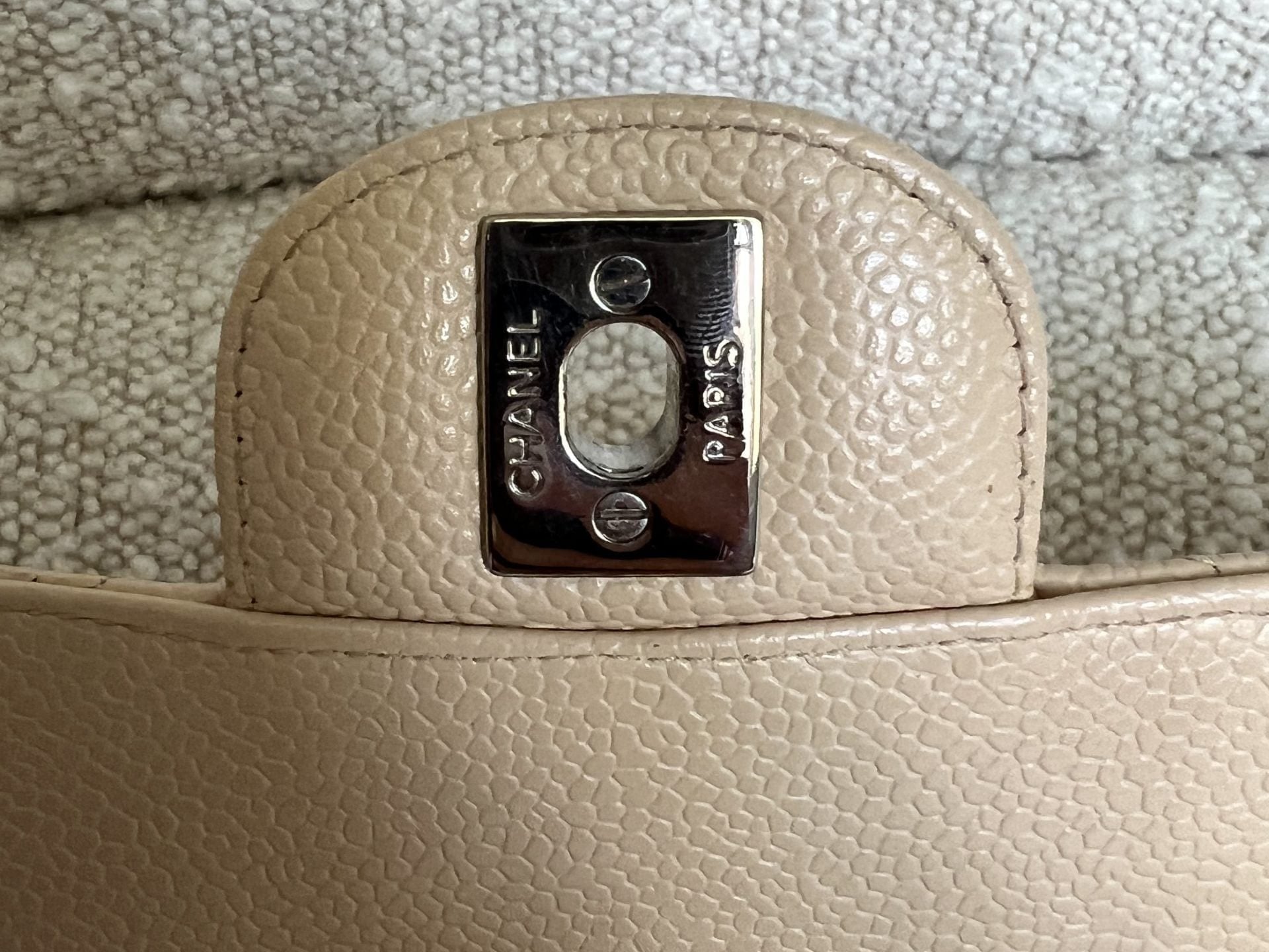 CHANEL Handbag Chanel Beige Clair Caviar Quilted Classic Flap Medium SHW - Redeluxe