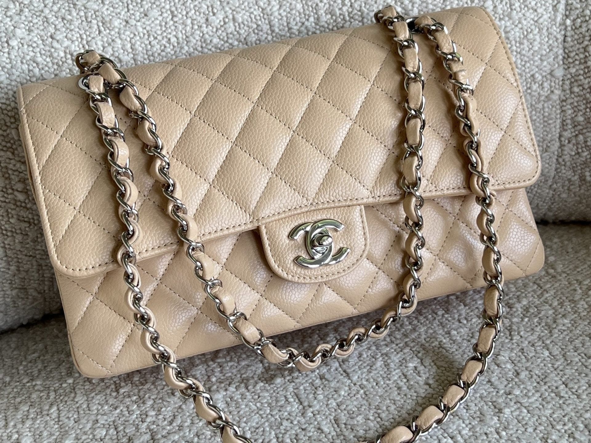 CHANEL Handbag Chanel Beige Clair Caviar Quilted Classic Flap Medium SHW - Redeluxe