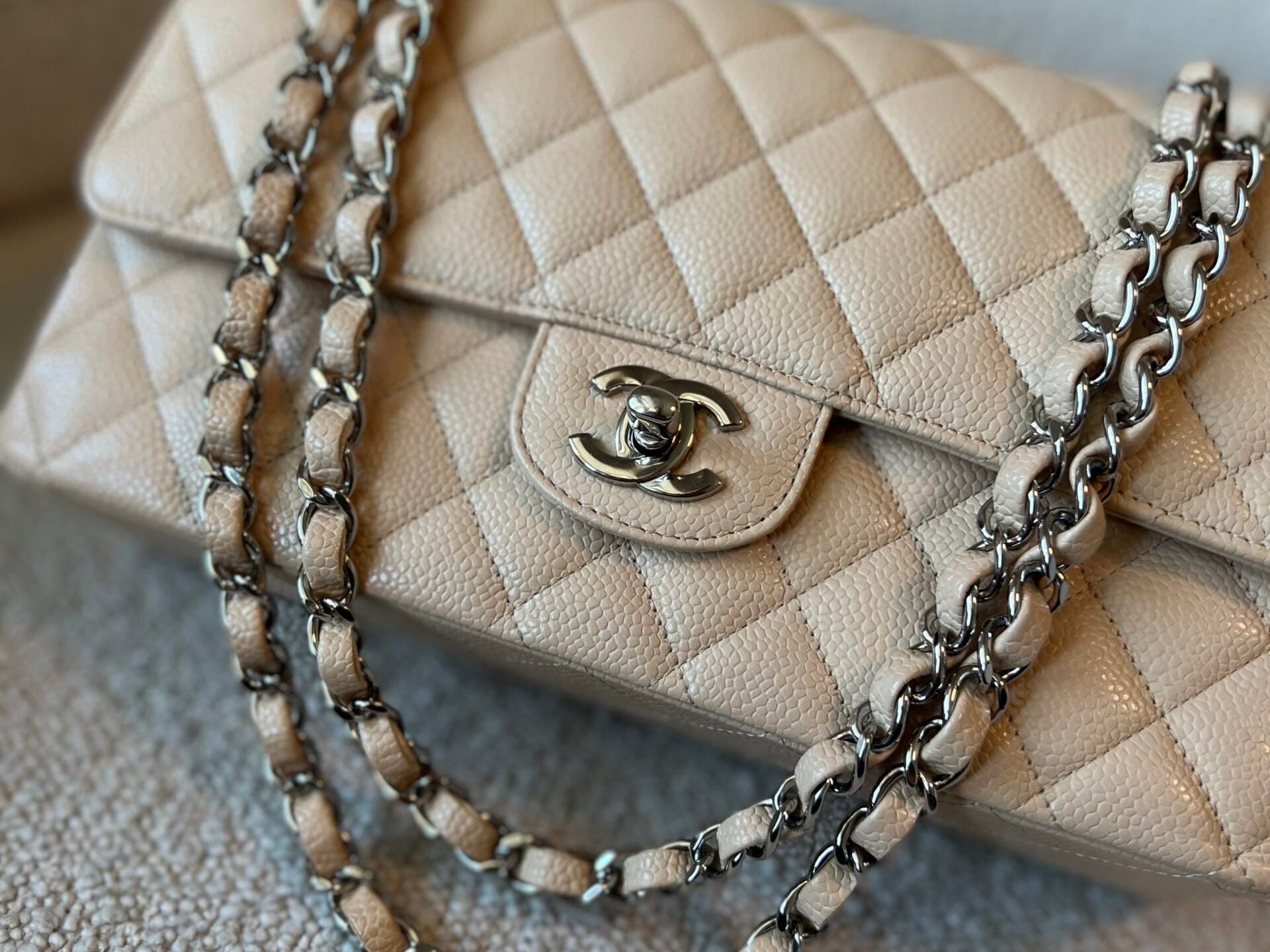CHANEL Handbag Chanel Beige Clair Caviar Quilted Classic Flap Medium SHW - Redeluxe