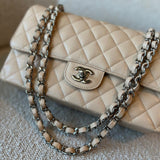 CHANEL Handbag Chanel Beige Clair Caviar Quilted Classic Flap Medium SHW - Redeluxe