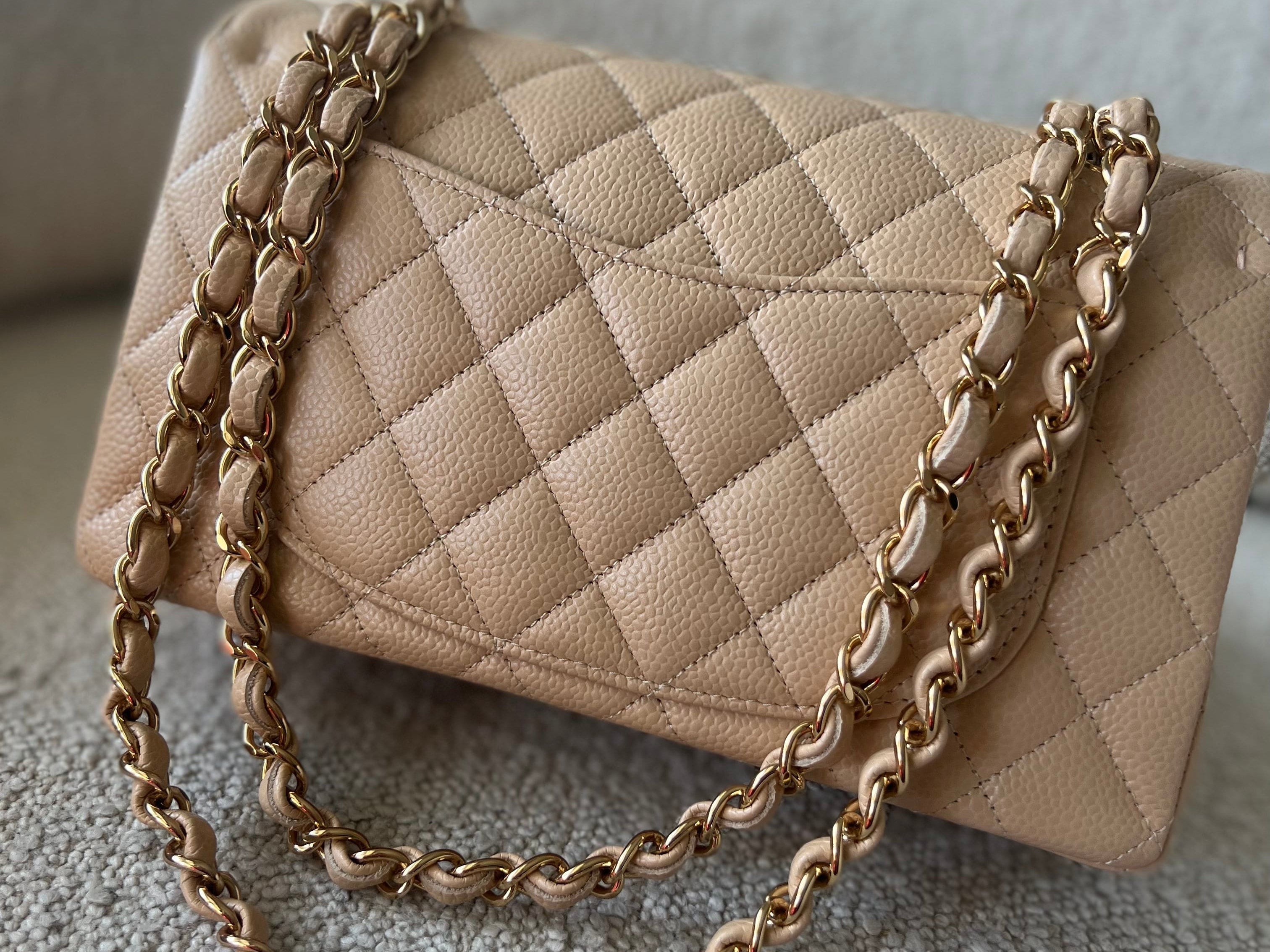 CHANEL Handbag Chanel Beige Clair Caviar Quilted Small Classic Double Flap Gold Hardware - Redeluxe