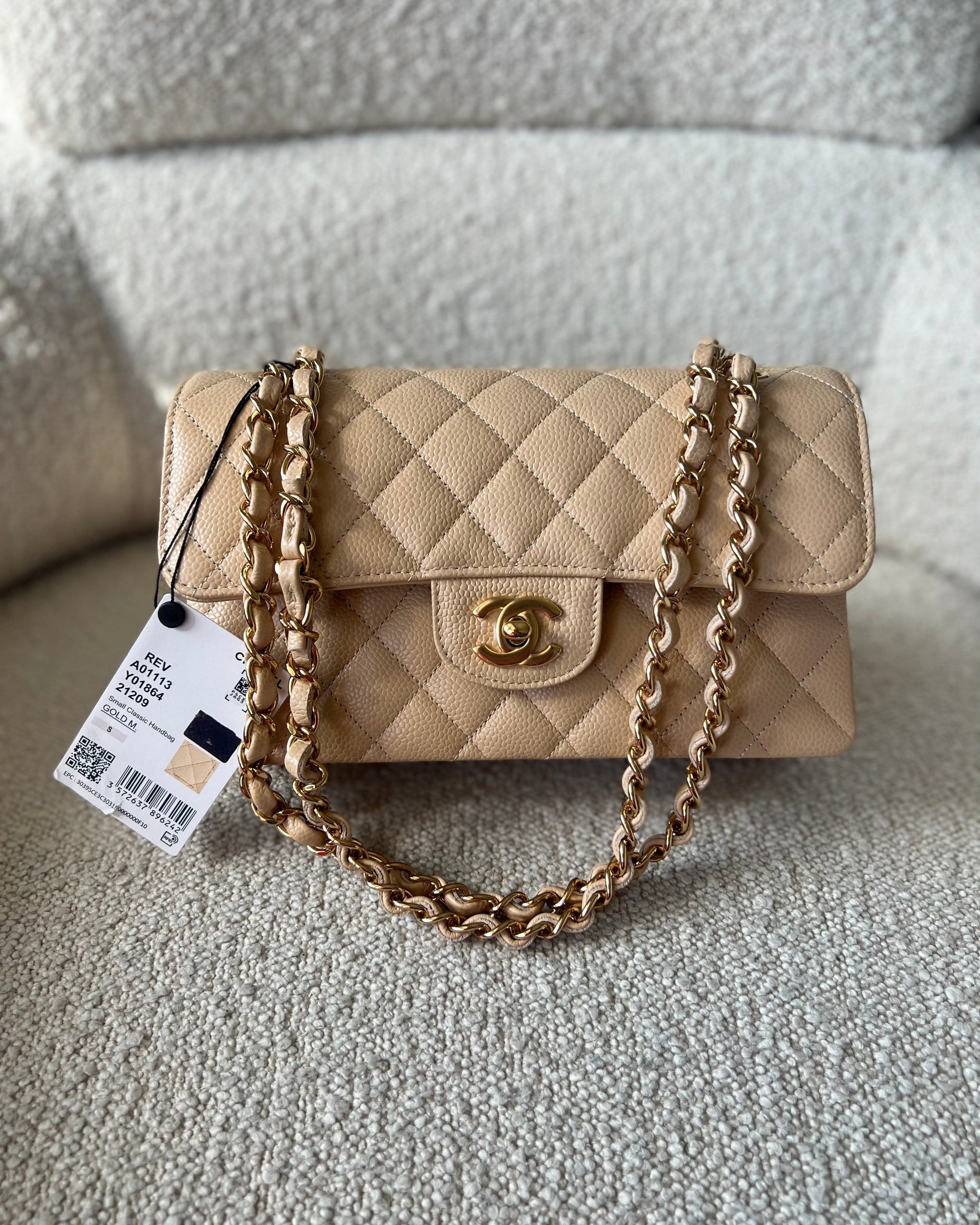 CHANEL Handbag Chanel Beige Clair Caviar Quilted Small Classic Double Flap Gold Hardware - Redeluxe