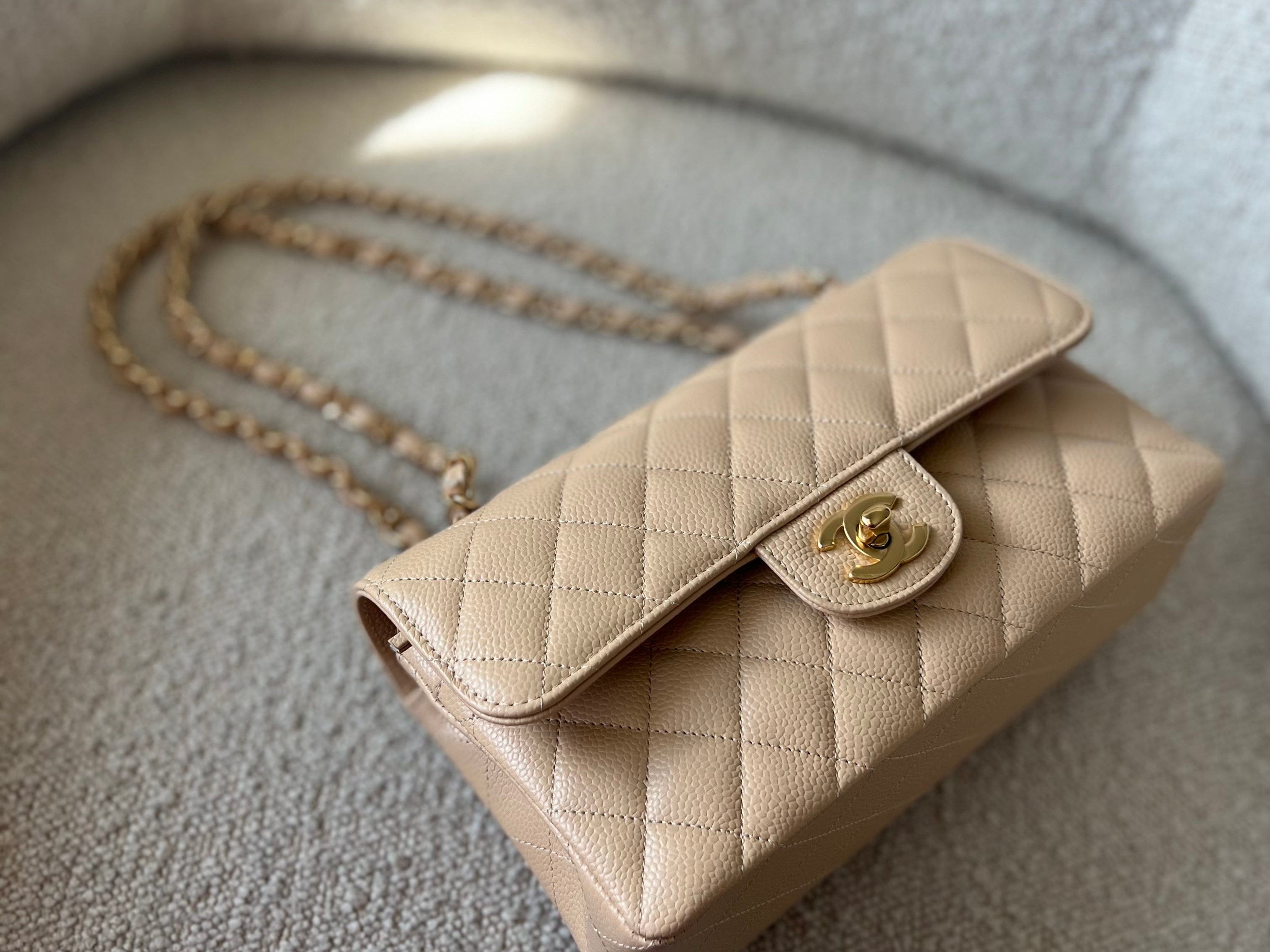 CHANEL Handbag Chanel Beige Clair Caviar Quilted Small Classic Double Flap Gold Hardware - Redeluxe