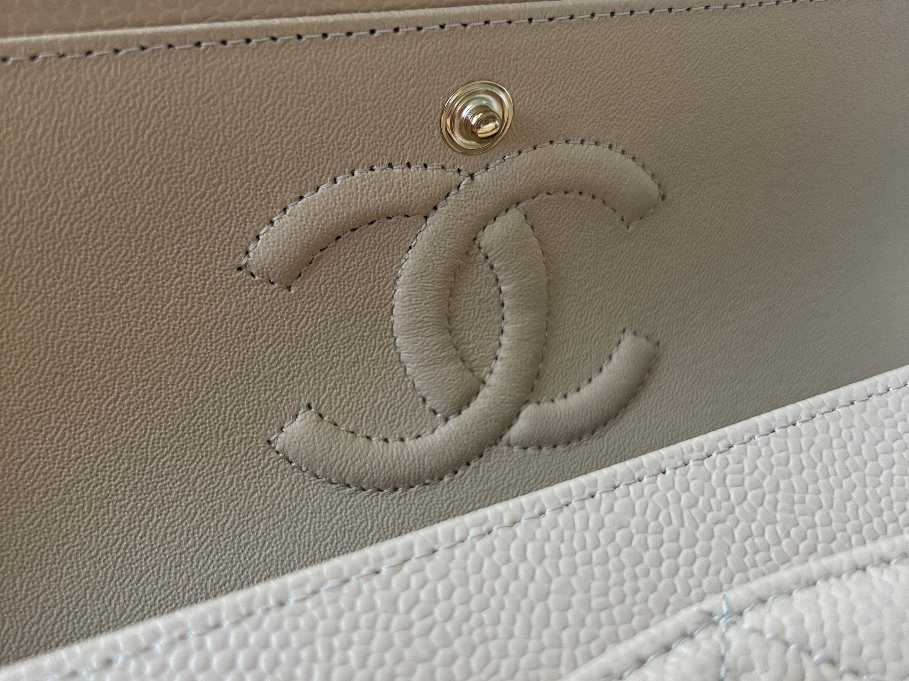 CHANEL Handbag Chanel Beige Clair Caviar Quilted Small Classic Double Flap Gold Hardware - Redeluxe