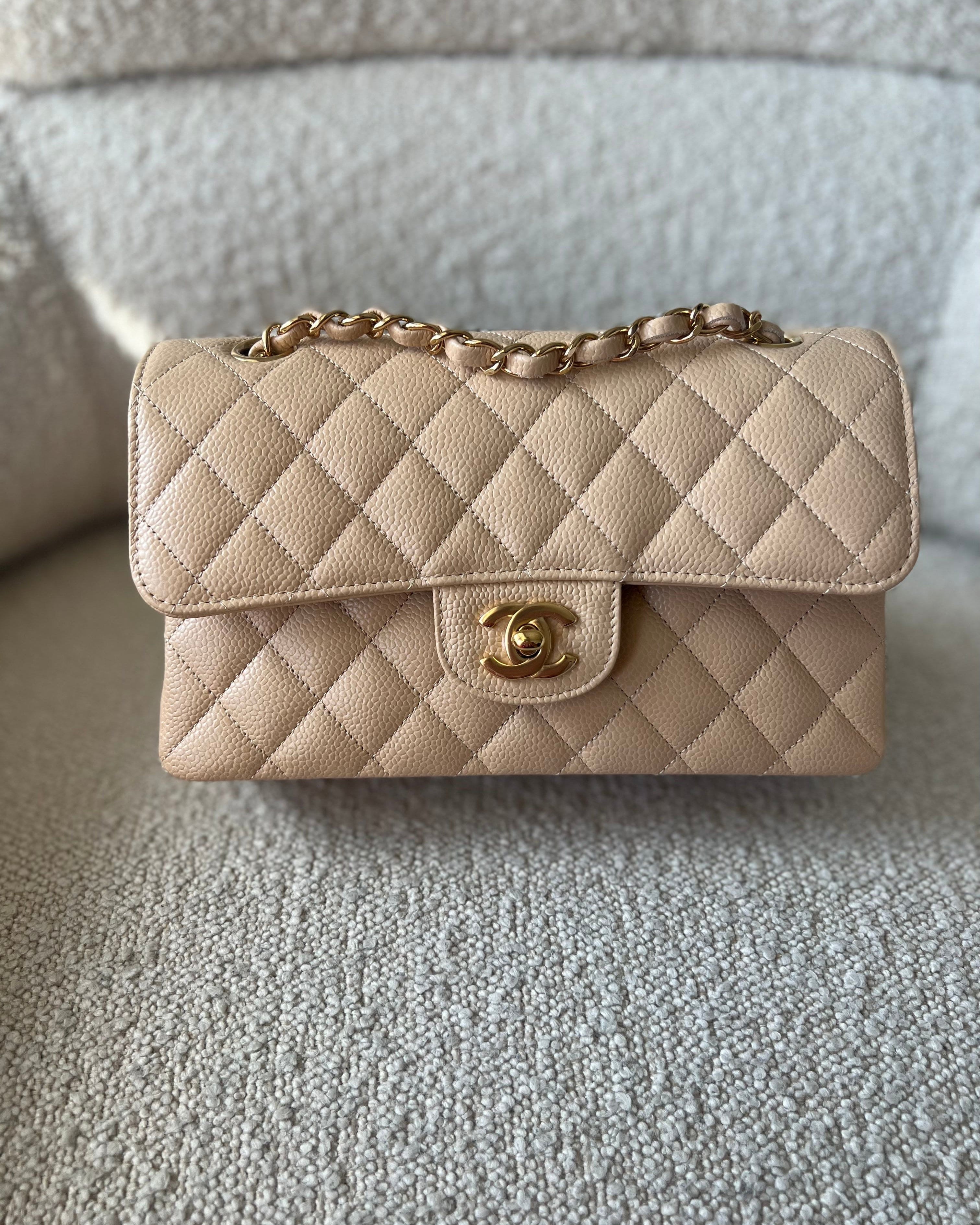 CHANEL Handbag Chanel Beige Clair Caviar Quilted Small Classic Double Flap Gold Hardware - Redeluxe