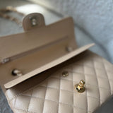 CHANEL Handbag Chanel Beige Clair Caviar Quilted Small Classic Double Flap Gold Hardware - Redeluxe
