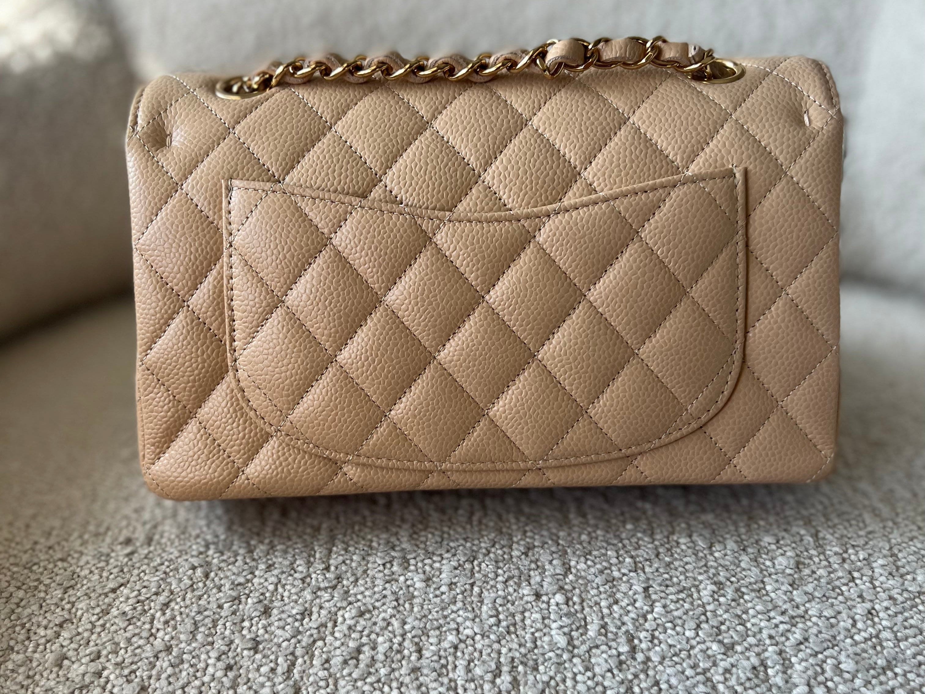 CHANEL Handbag Chanel Beige Clair Caviar Quilted Small Classic Double Flap Gold Hardware - Redeluxe
