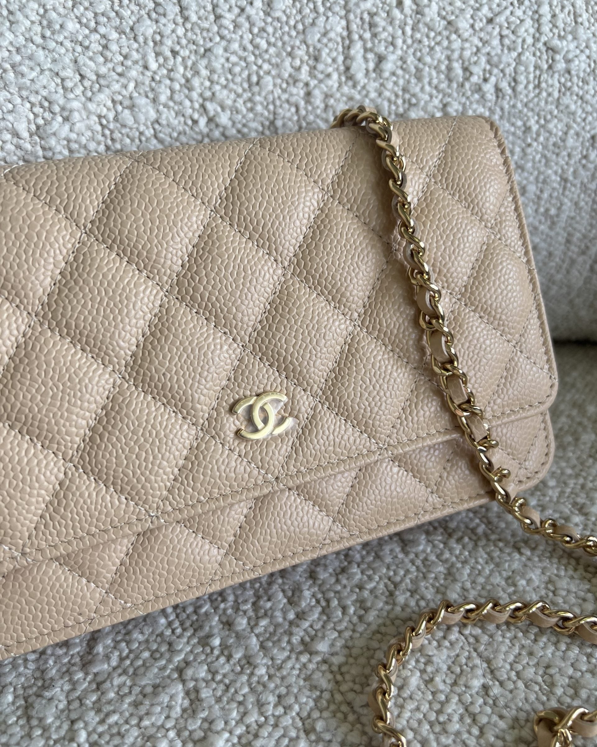 CHANEL Handbag Chanel Beige Clair Caviar Quilted Wallet on Chain GHW - Redeluxe