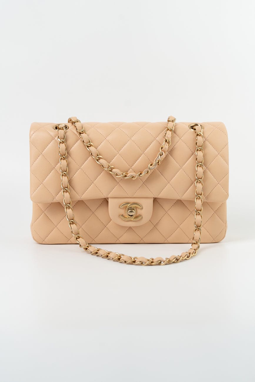 Chanel Beige Lambskin Quilted Classic Flap Medium AGHW – REDELUXE