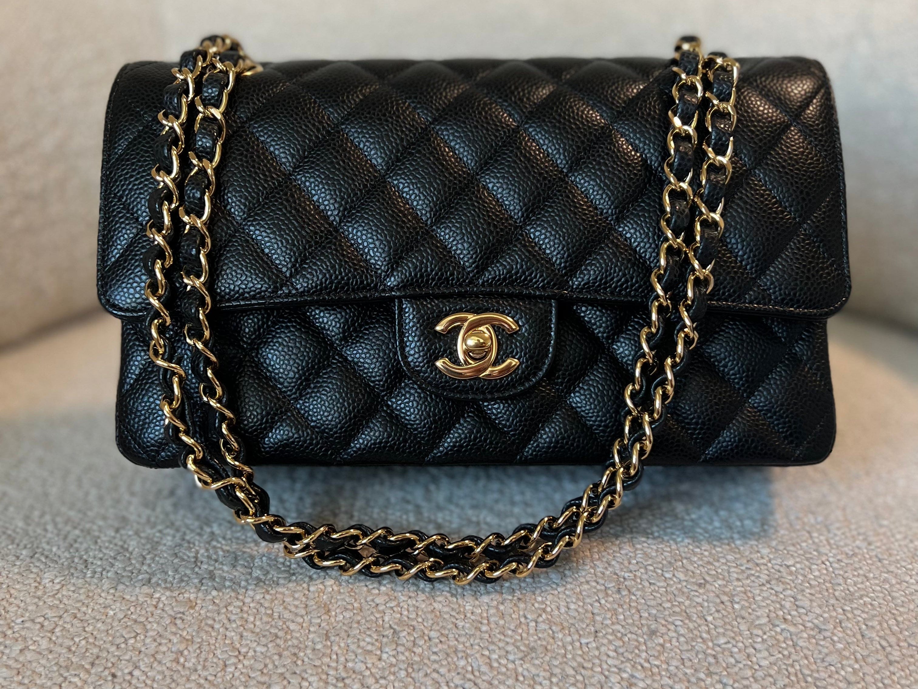Chanel Black Caviar Quilted Classic Double Flap Medium Gold Hardware REDELUXE