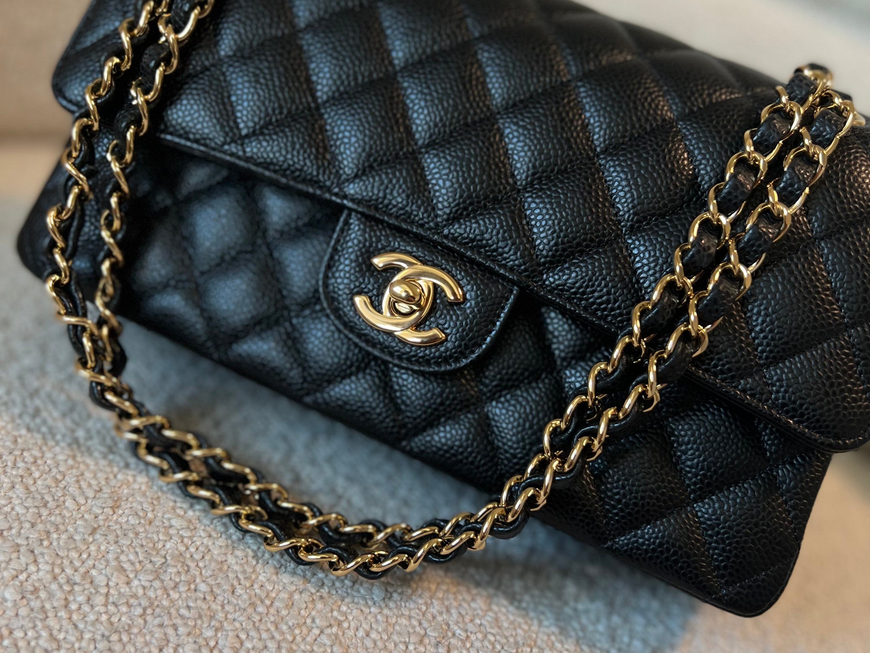CHANEL Handbag Chanel Black Caviar Quilted Classic Double Flap Medium Gold Hardware - Redeluxe