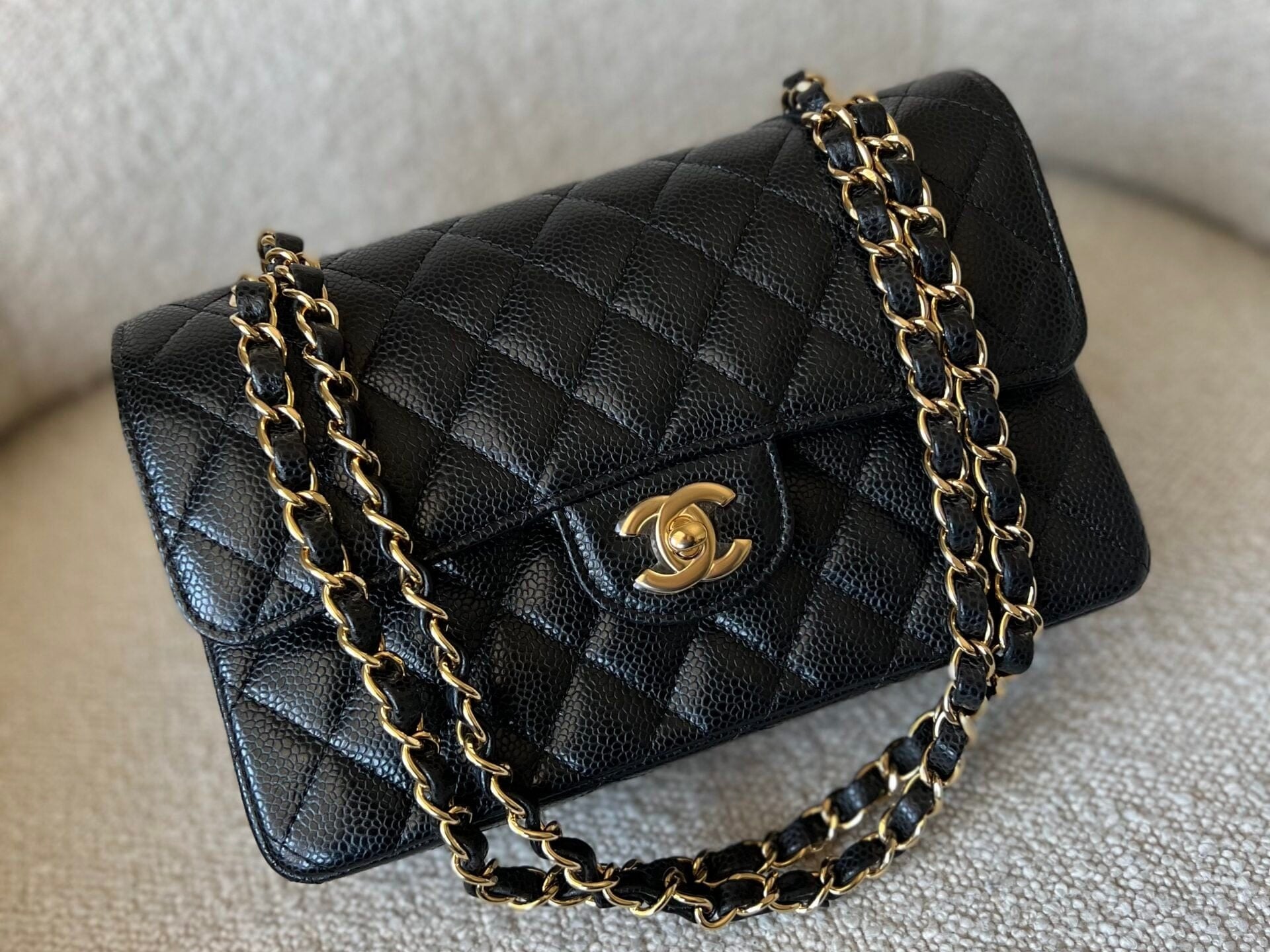 CHANEL Handbag Chanel Black Caviar Quilted Classic Flap Small Gold Hardware - Redeluxe