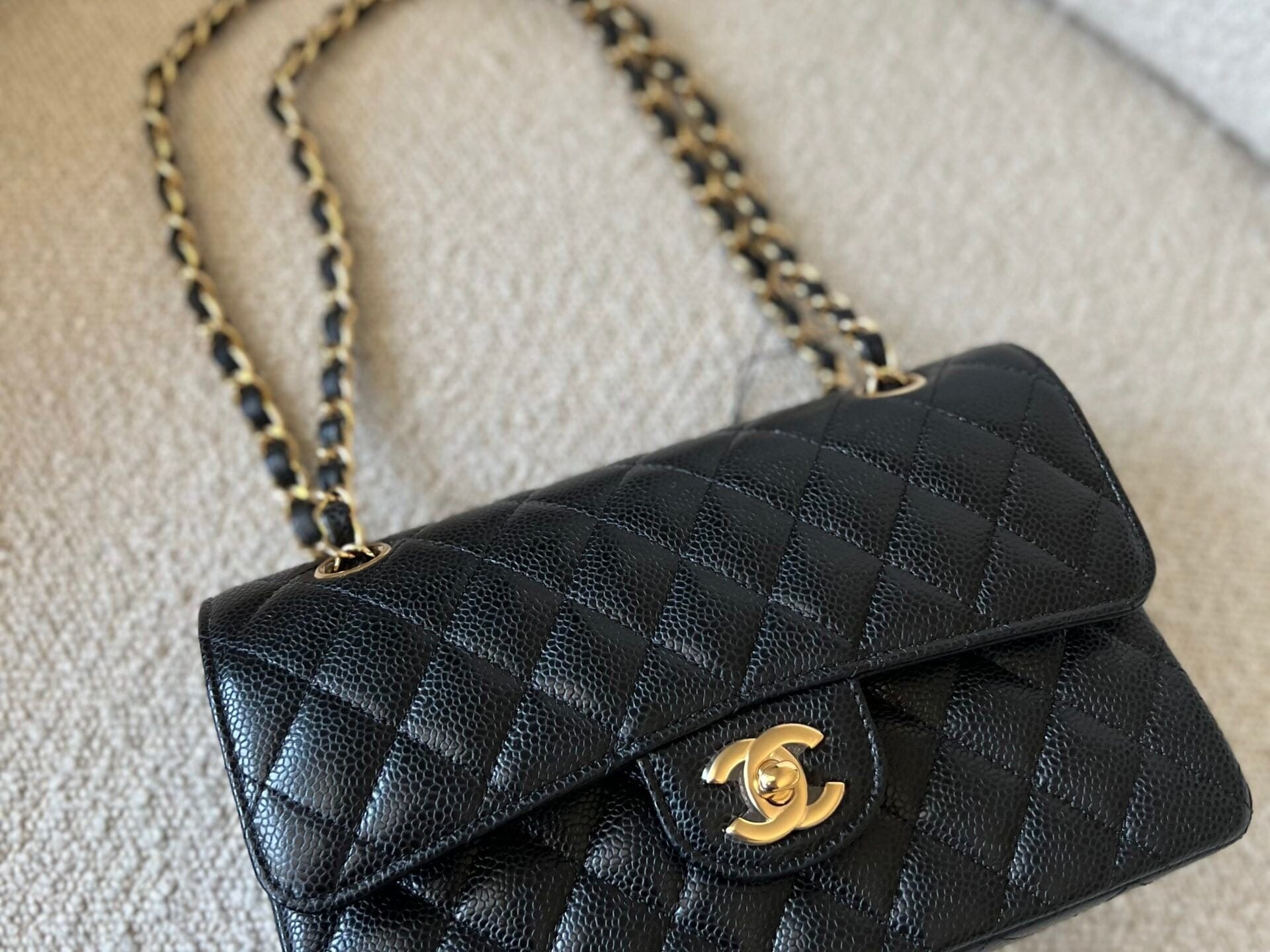 CHANEL Handbag Chanel Black Caviar Quilted Classic Flap Small Gold Hardware - Redeluxe