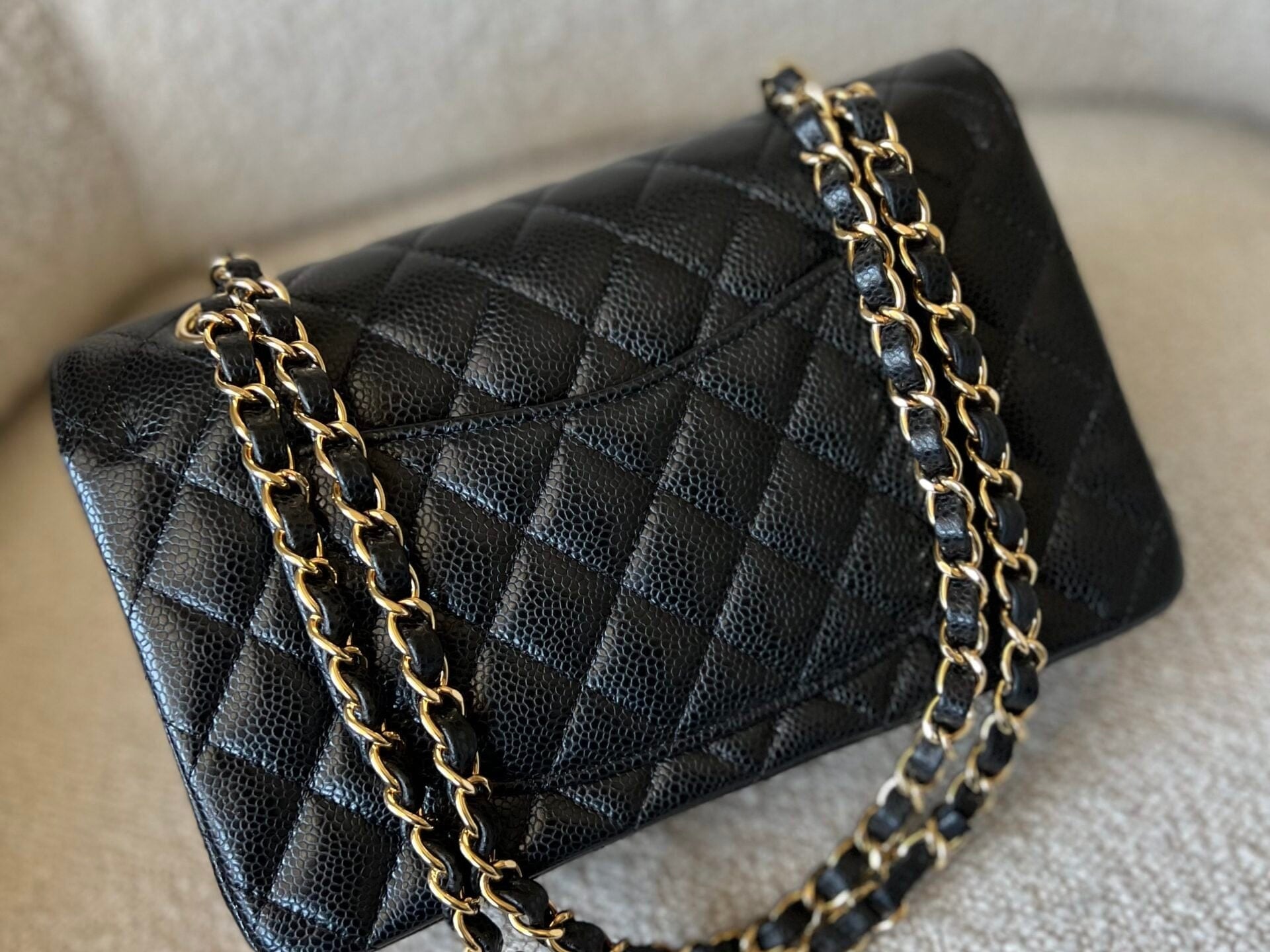CHANEL Handbag Chanel Black Caviar Quilted Classic Flap Small Gold Hardware - Redeluxe