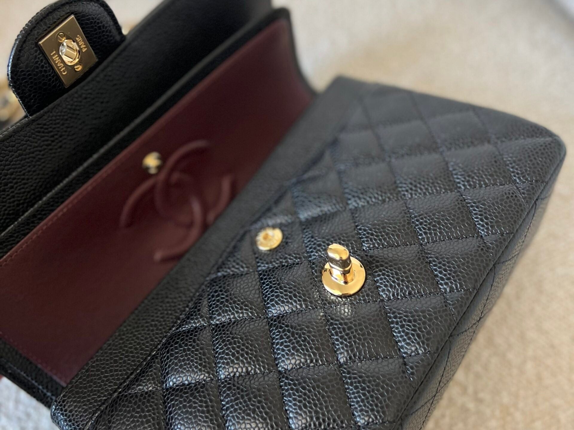 CHANEL Handbag Chanel Black Caviar Quilted Classic Flap Small Gold Hardware - Redeluxe