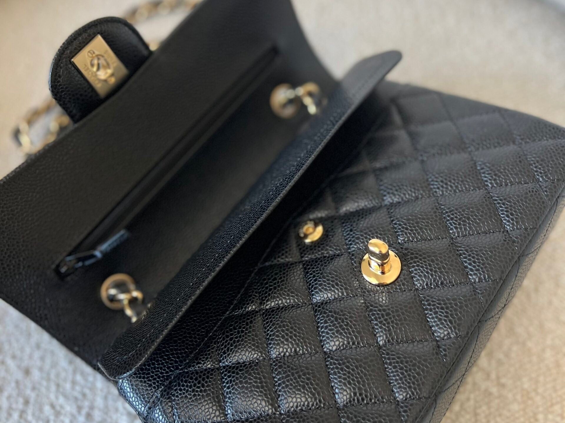 CHANEL Handbag Chanel Black Caviar Quilted Classic Flap Small Gold Hardware - Redeluxe