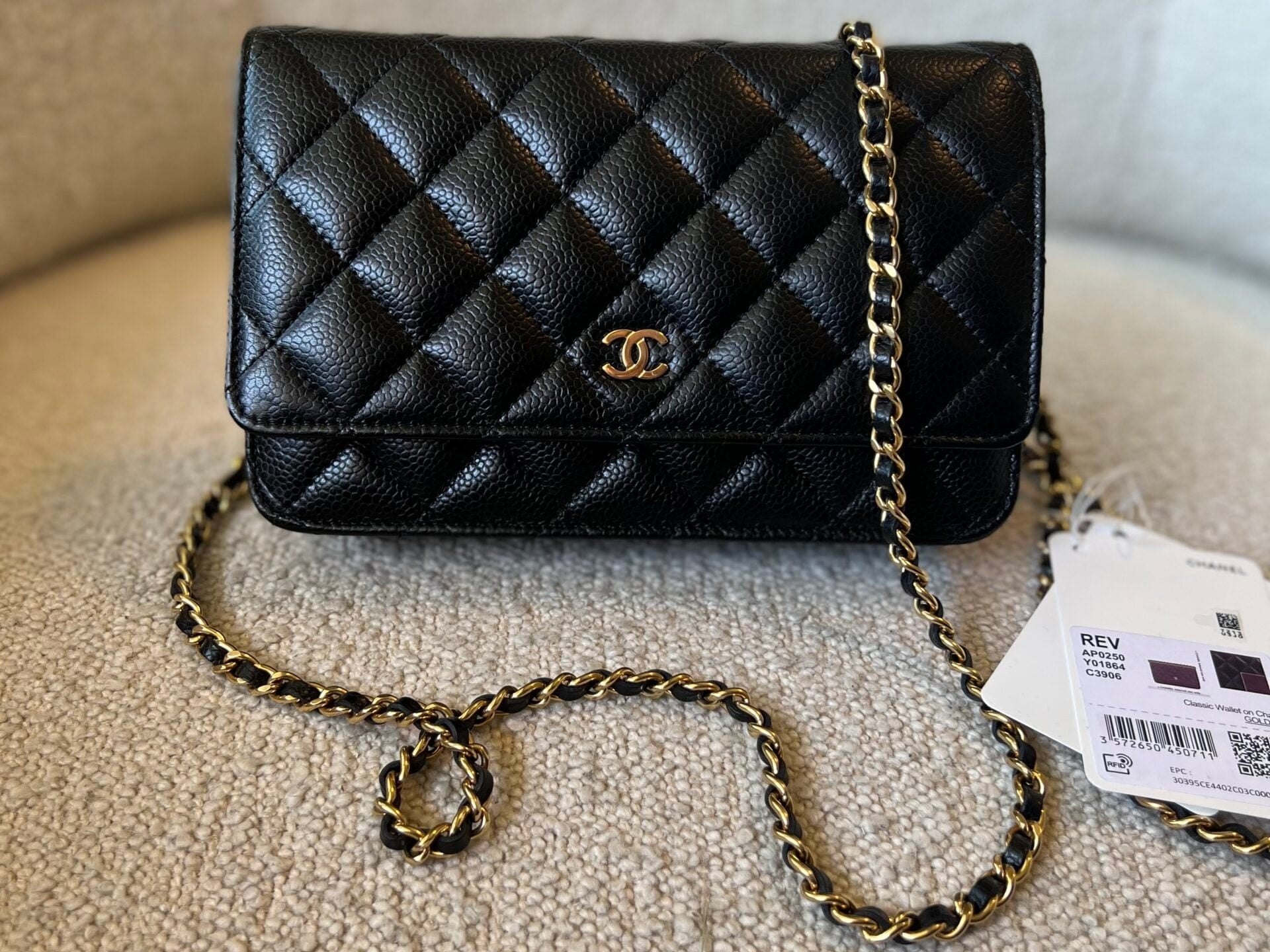 CHANEL Handbag Chanel Black Caviar Quilted Wallet On Chain Gold hardware(WOC) - Redeluxe