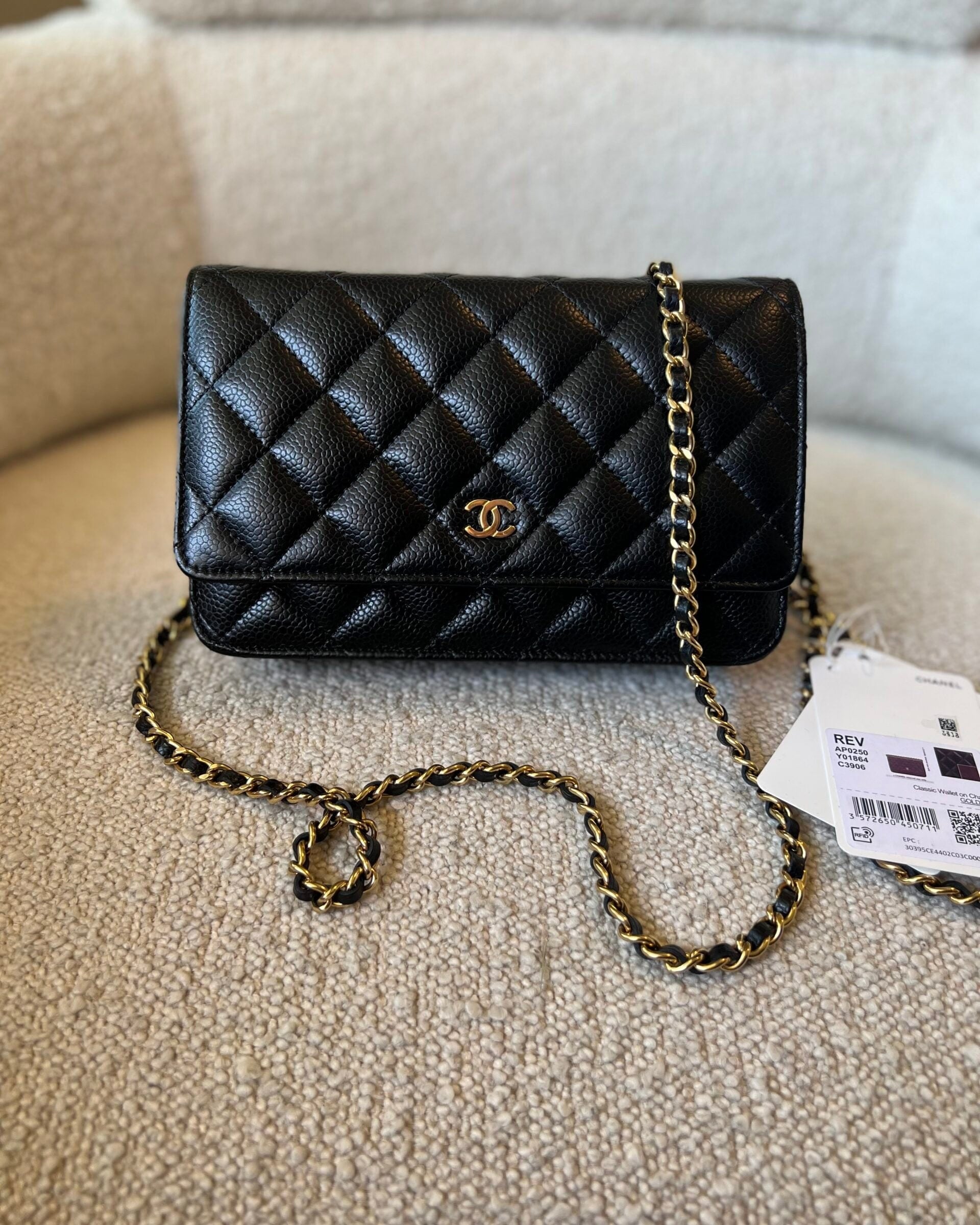 CHANEL Handbag Chanel Black Caviar Quilted Wallet On Chain Gold hardware(WOC) - Redeluxe