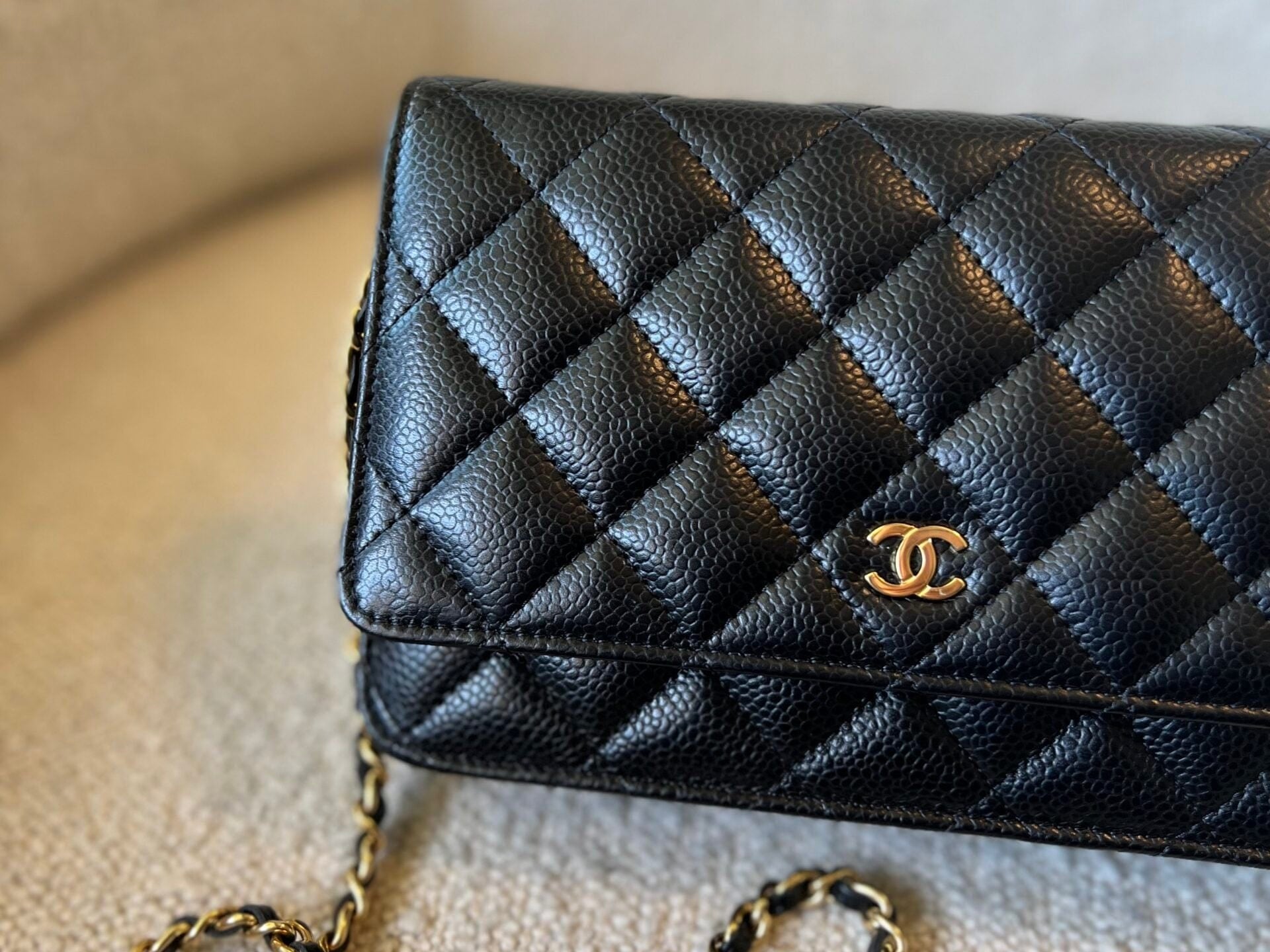CHANEL Handbag Chanel Black Caviar Quilted Wallet On Chain Gold hardware(WOC) - Redeluxe