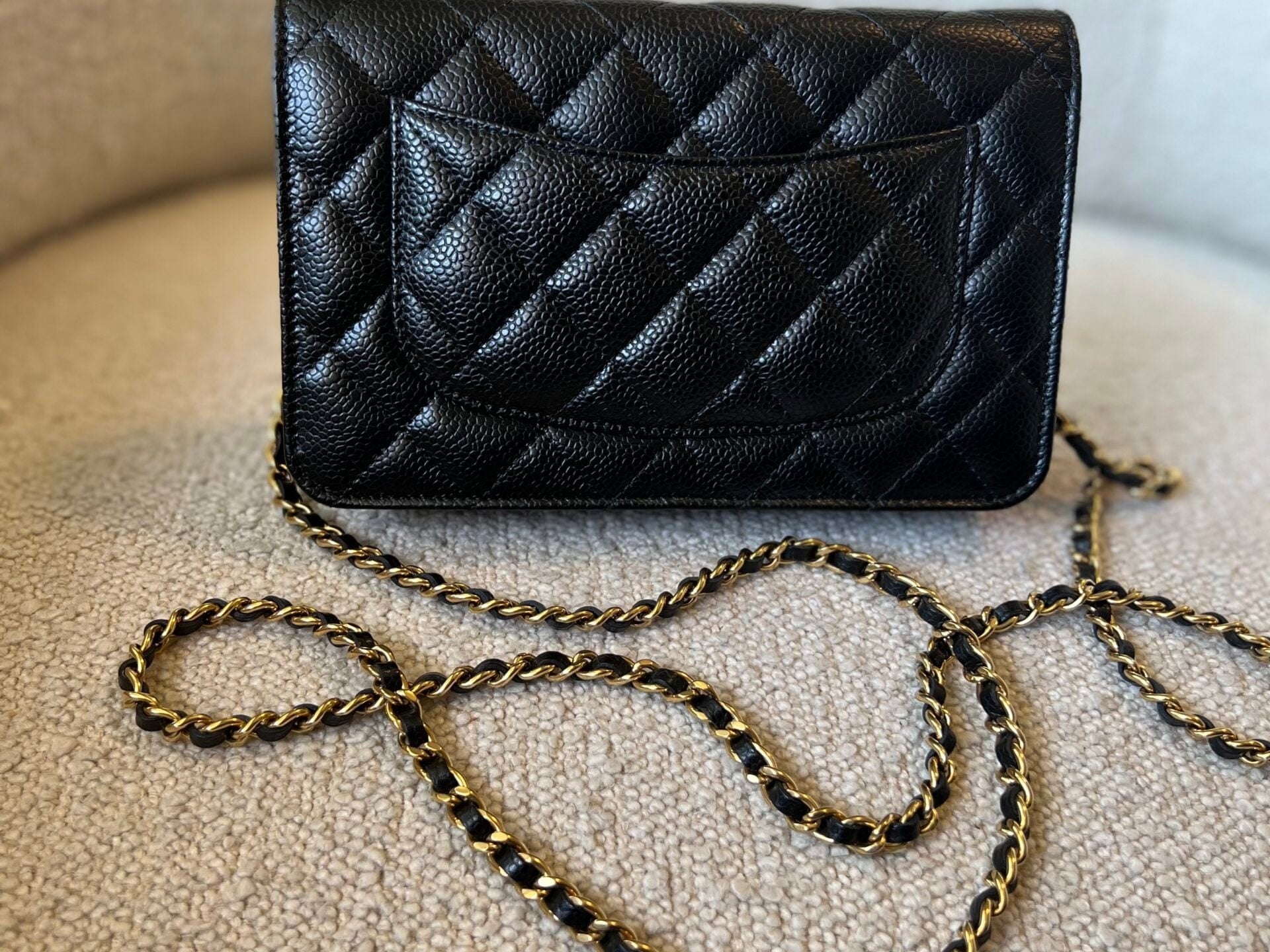 CHANEL Handbag Chanel Black Caviar Quilted Wallet On Chain Gold hardware(WOC) - Redeluxe