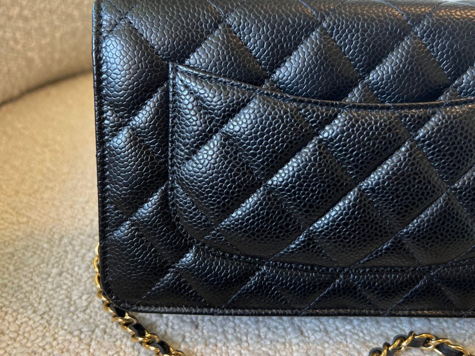 CHANEL Handbag Chanel Black Caviar Quilted Wallet On Chain Gold hardware(WOC) - Redeluxe