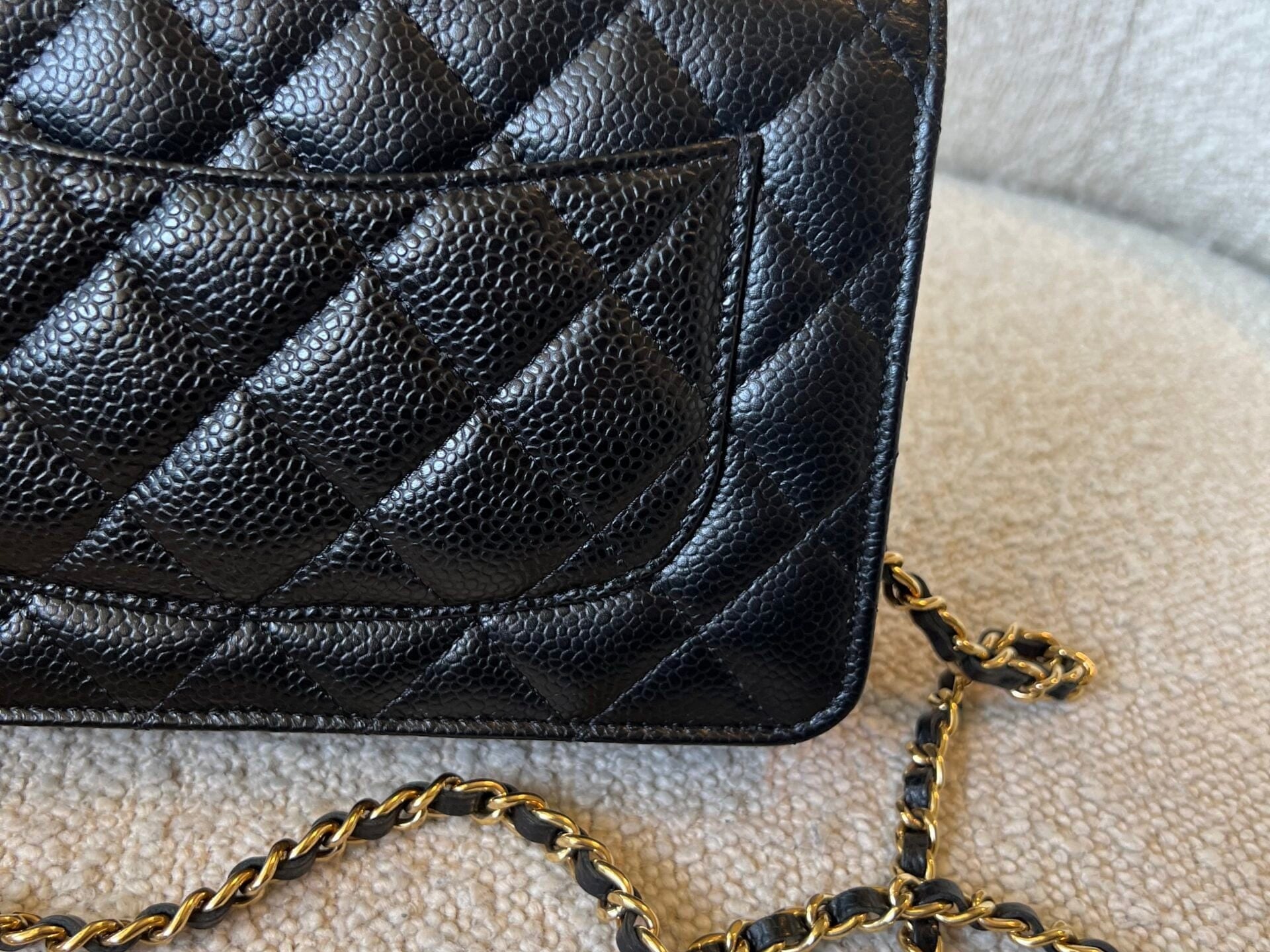 CHANEL Handbag Chanel Black Caviar Quilted Wallet On Chain Gold hardware(WOC) - Redeluxe