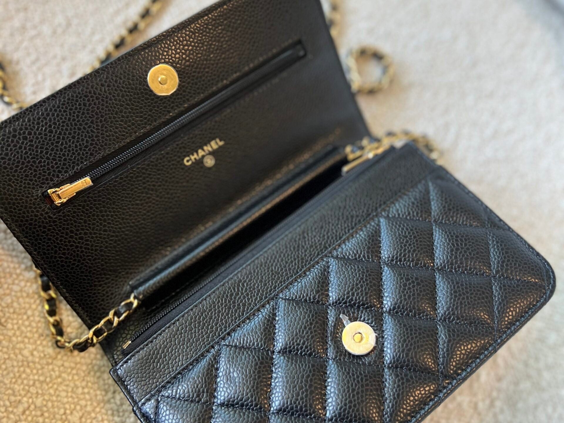 CHANEL Handbag Chanel Black Caviar Quilted Wallet On Chain Gold hardware(WOC) - Redeluxe