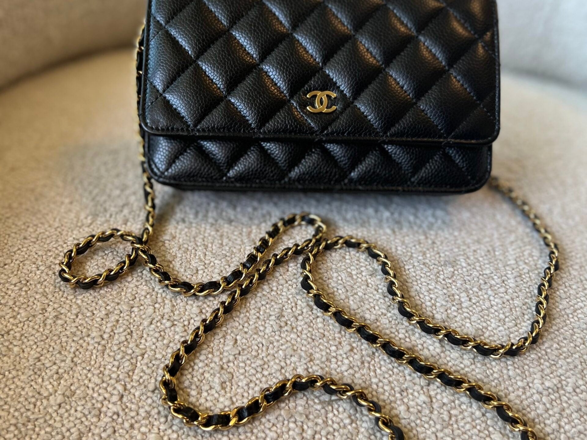 CHANEL Handbag Chanel Black Caviar Quilted Wallet On Chain Gold hardware(WOC) - Redeluxe