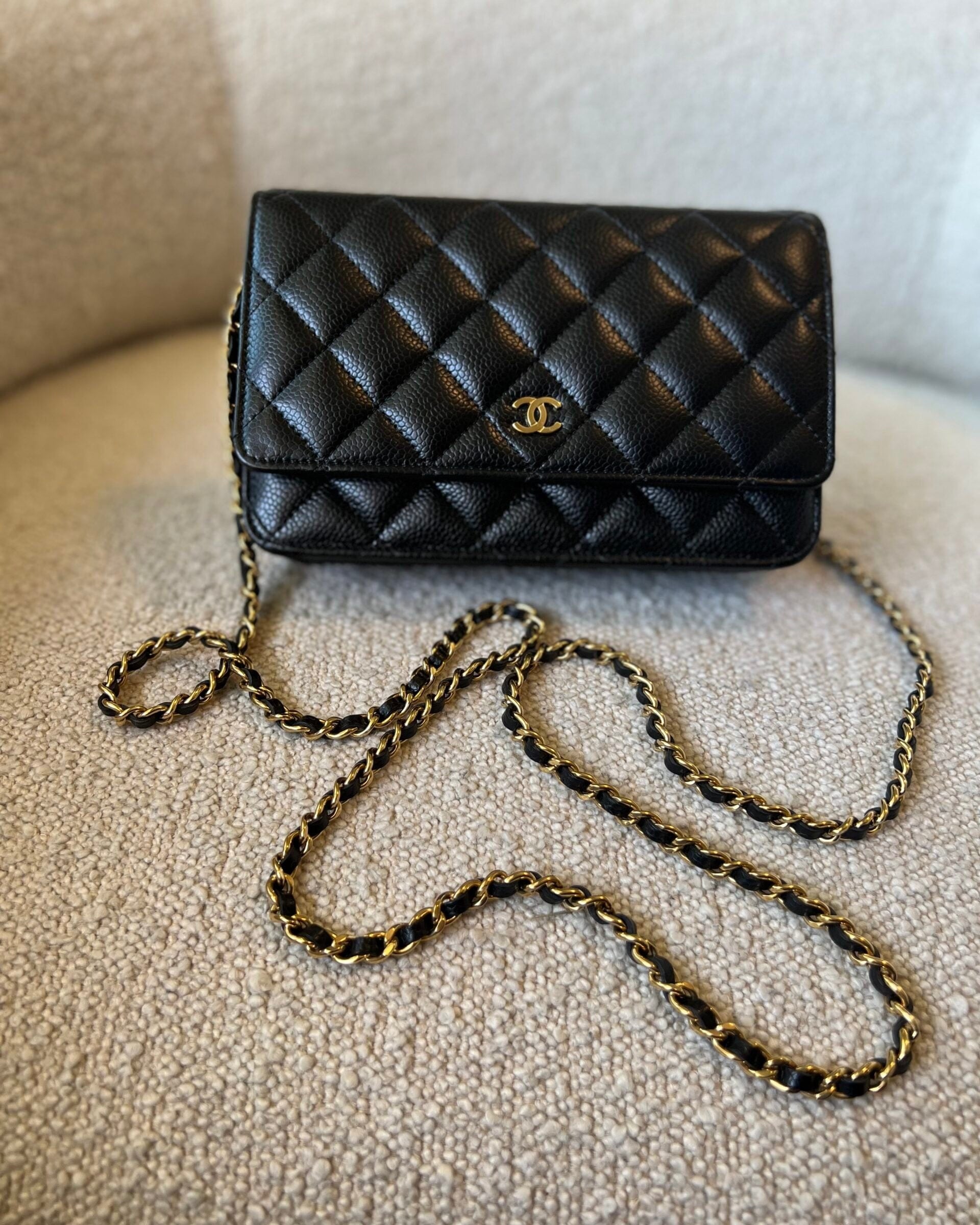 CHANEL Handbag Chanel Black Caviar Quilted Wallet On Chain Gold hardware(WOC) - Redeluxe