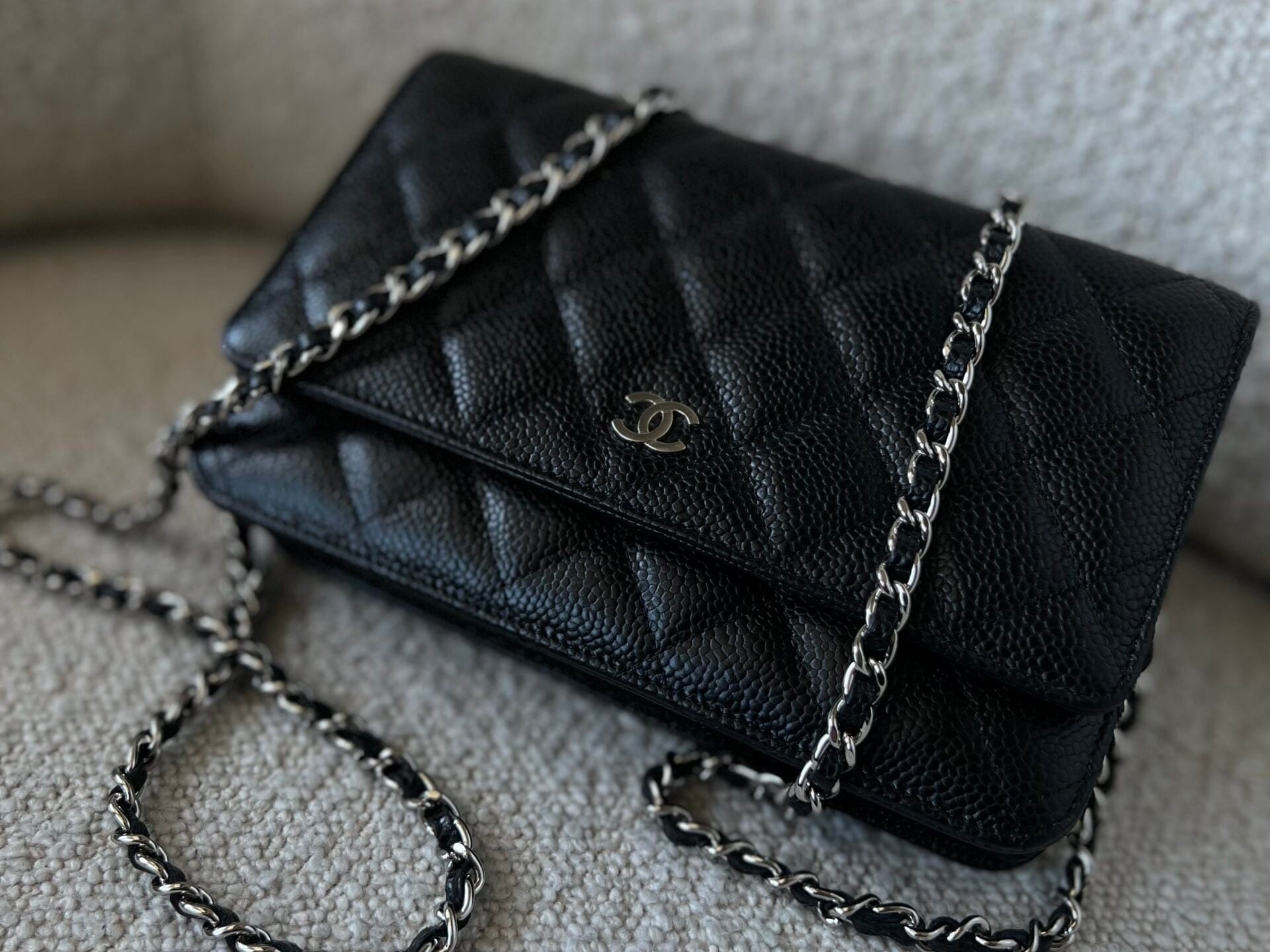CHANEL Handbag Chanel Black Caviar Quilted Wallet On Chain Silver Hardware (WOC) - Redeluxe