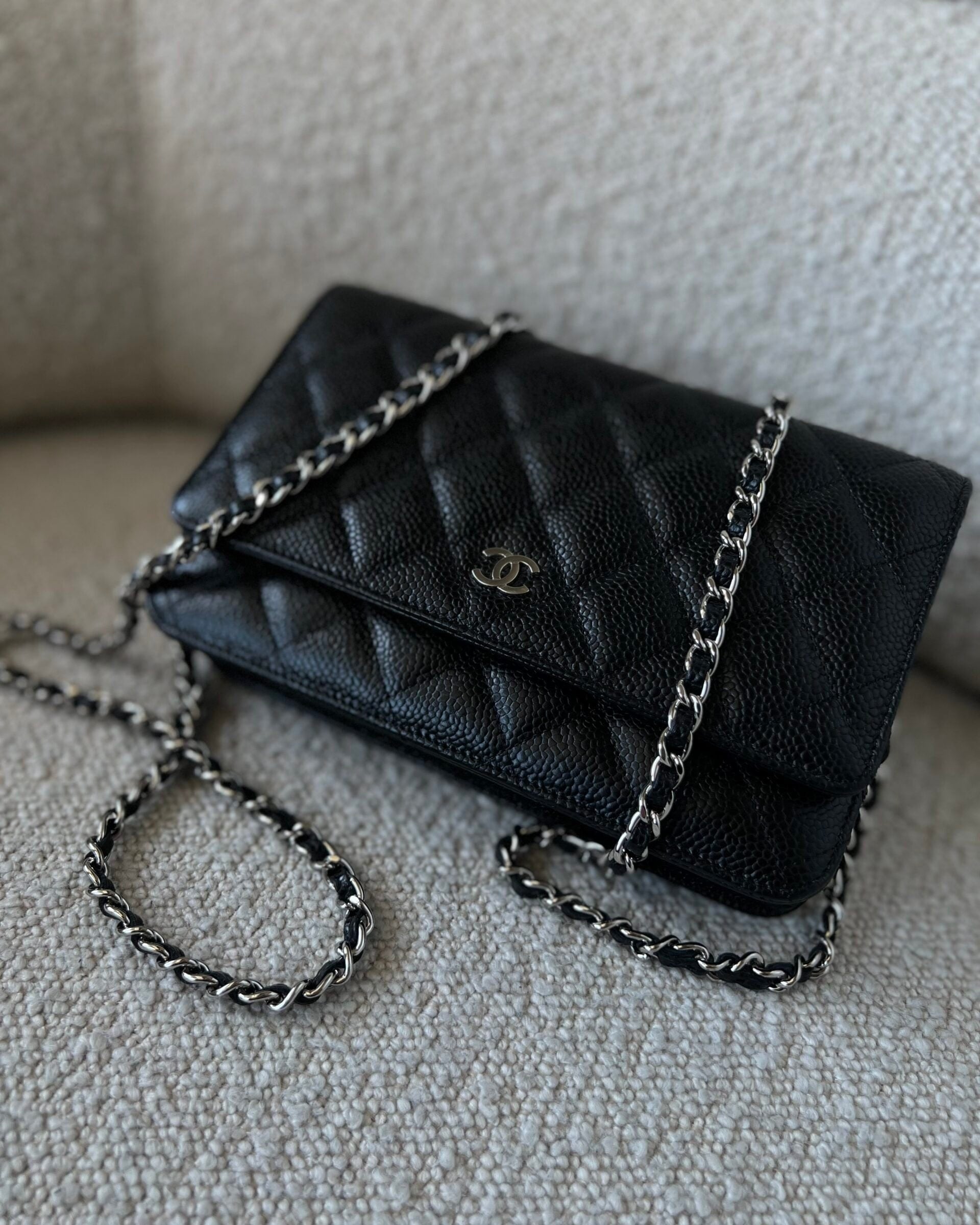 CHANEL Handbag Chanel Black Caviar Quilted Wallet On Chain Silver Hardware (WOC) - Redeluxe