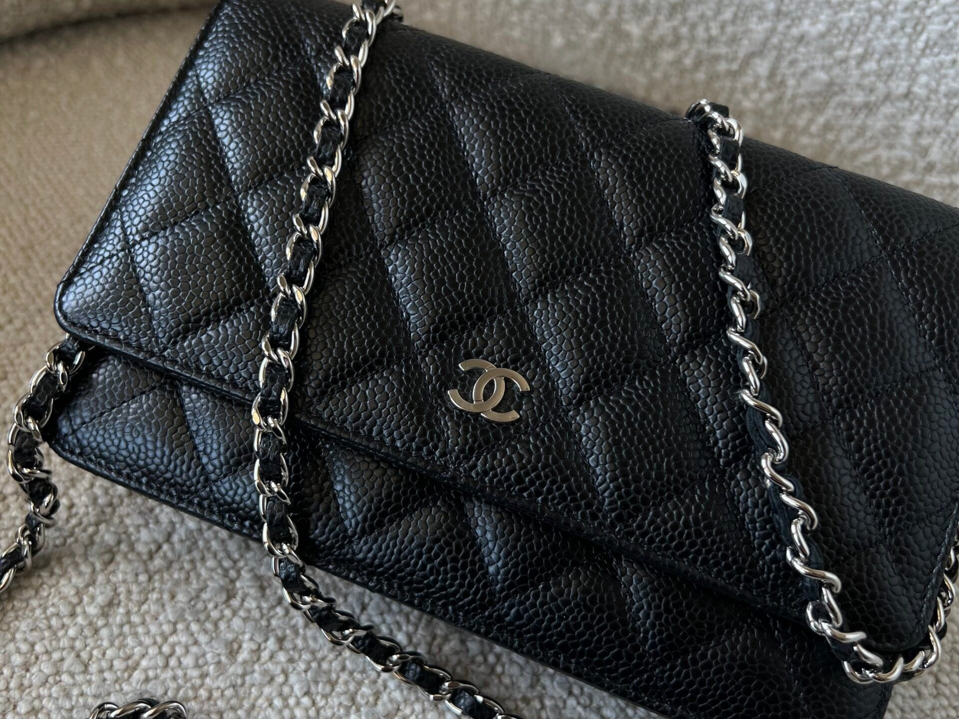 CHANEL Handbag Chanel Black Caviar Quilted Wallet On Chain Silver Hardware (WOC) - Redeluxe