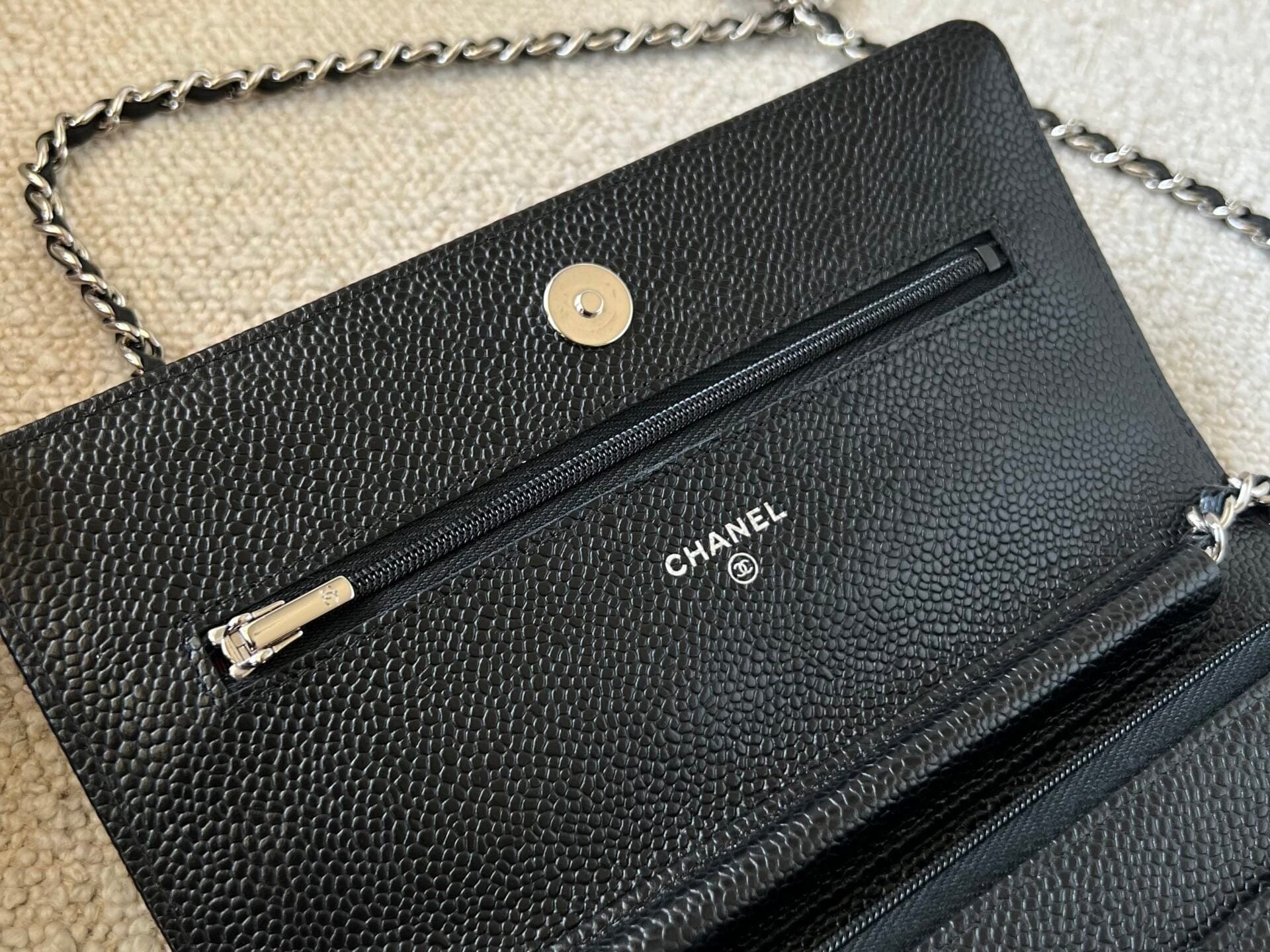 CHANEL Handbag Chanel Black Caviar Quilted Wallet On Chain Silver Hardware (WOC) - Redeluxe