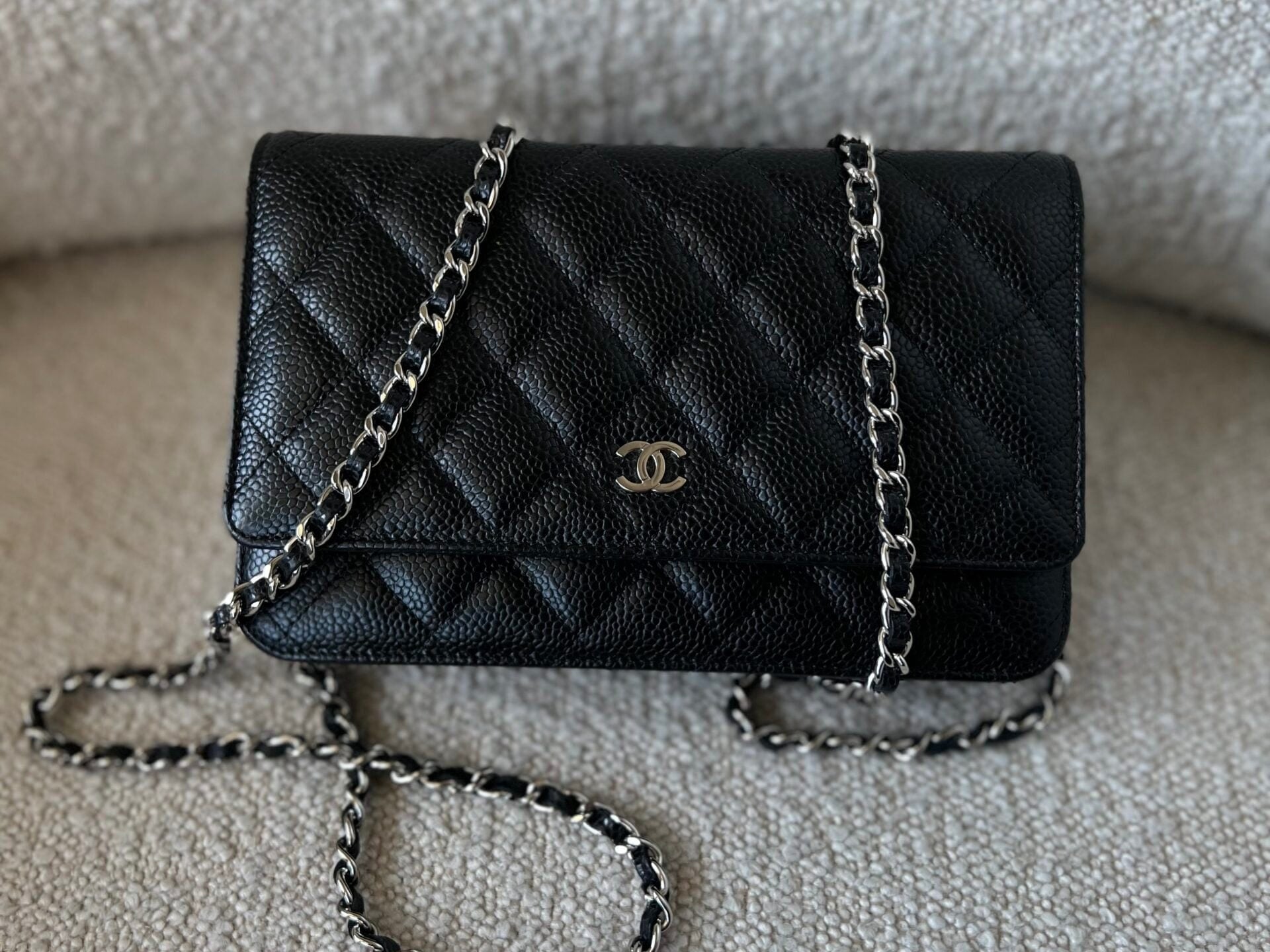 CHANEL Handbag Chanel Black Caviar Quilted Wallet On Chain Silver Hardware (WOC) - Redeluxe