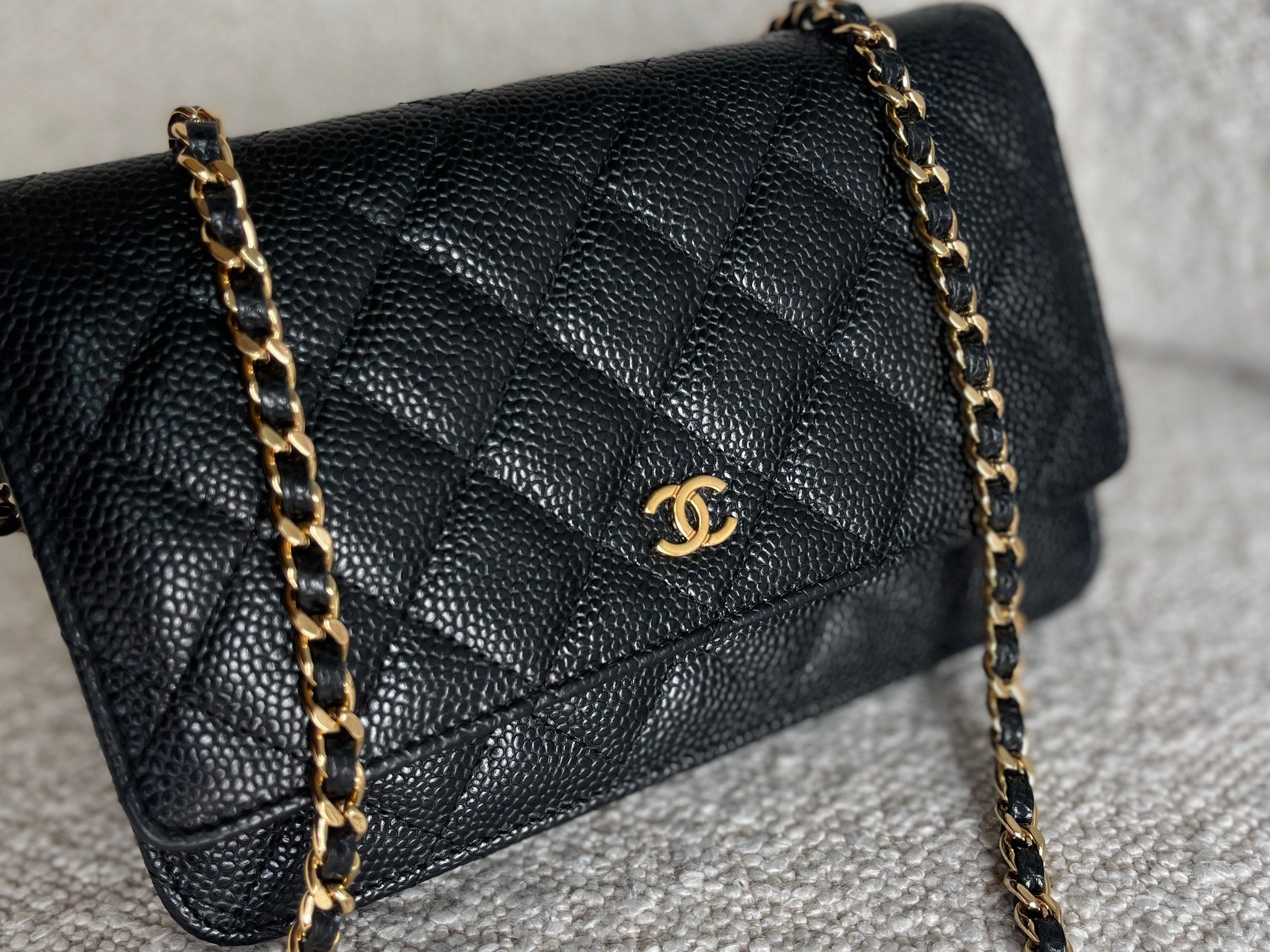 CHANEL Handbag Chanel Black Caviar Quilted Wallet on Chain WOC GHW - Redeluxe
