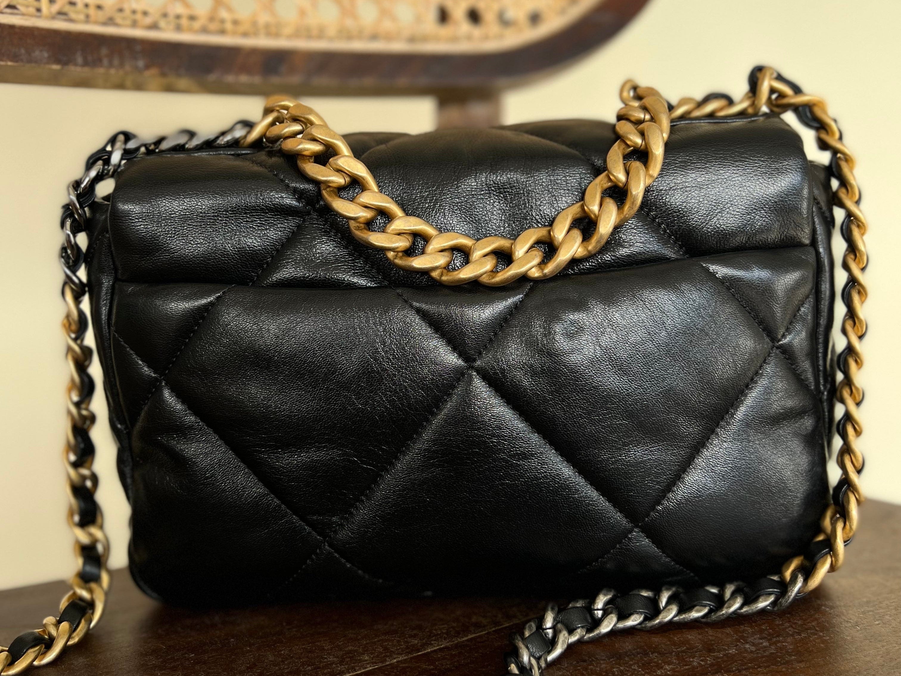 CHANEL Handbag Chanel Black Lambskin Quilted 19 Flap Small Mixed Hardware - Redeluxe