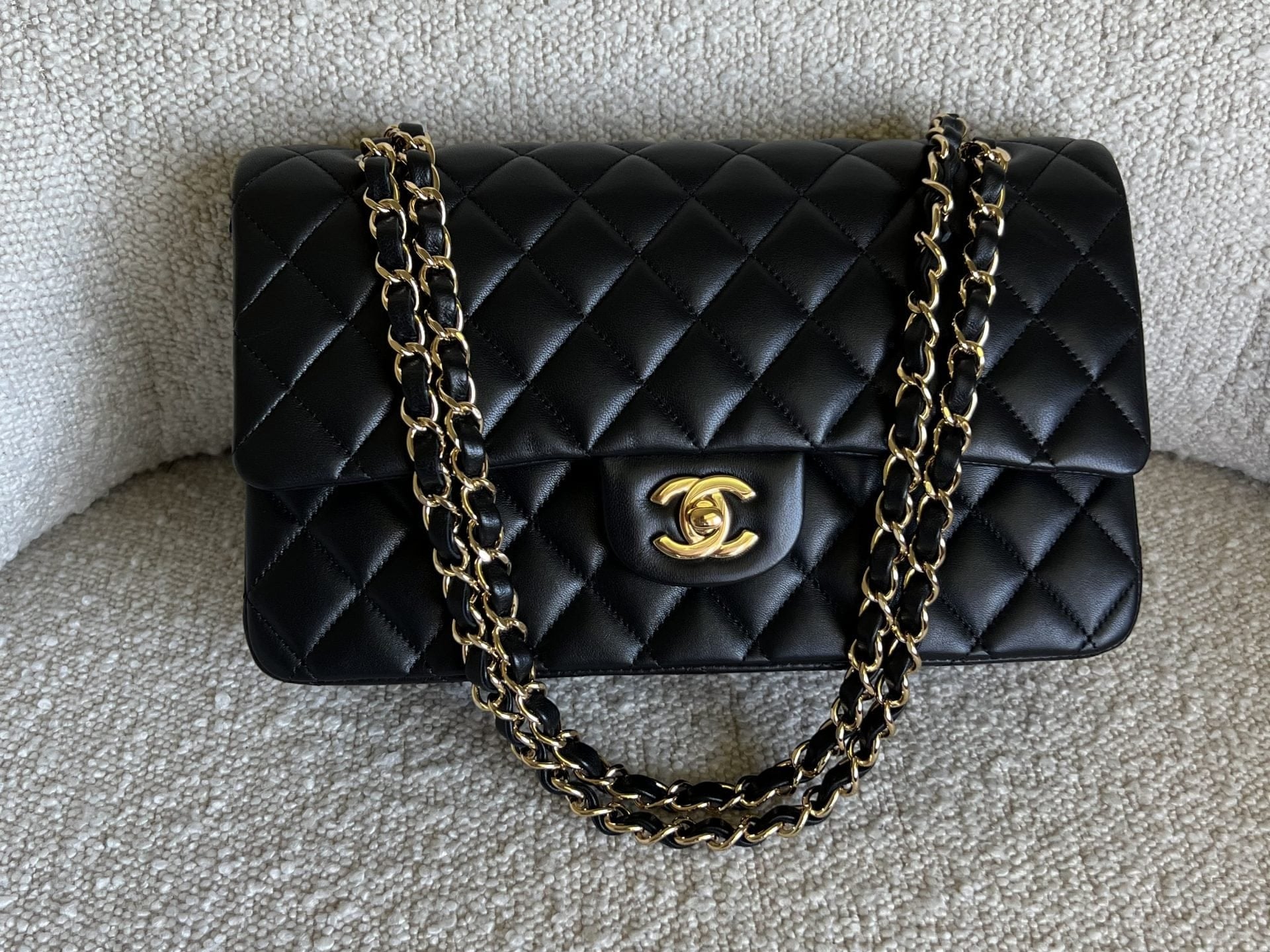 CHANEL Handbag Chanel Black Lambskin Quilted Classic Flap Medium GHW - Redeluxe