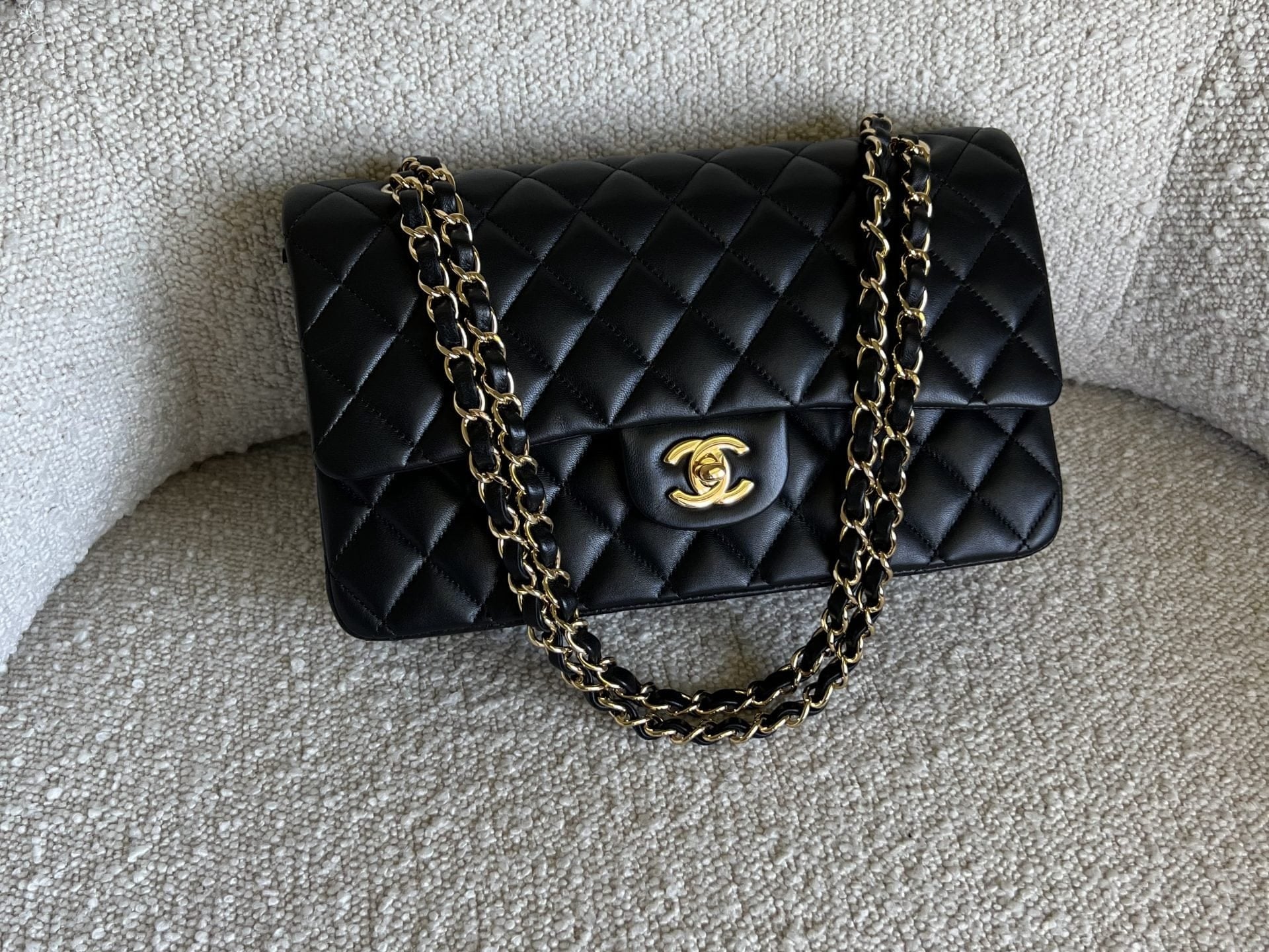 CHANEL Handbag Chanel Black Lambskin Quilted Classic Flap Medium GHW - Redeluxe
