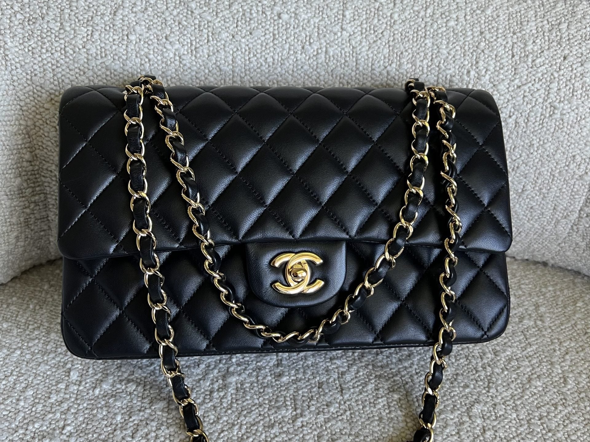 CHANEL Handbag Chanel Black Lambskin Quilted Classic Flap Medium GHW - Redeluxe