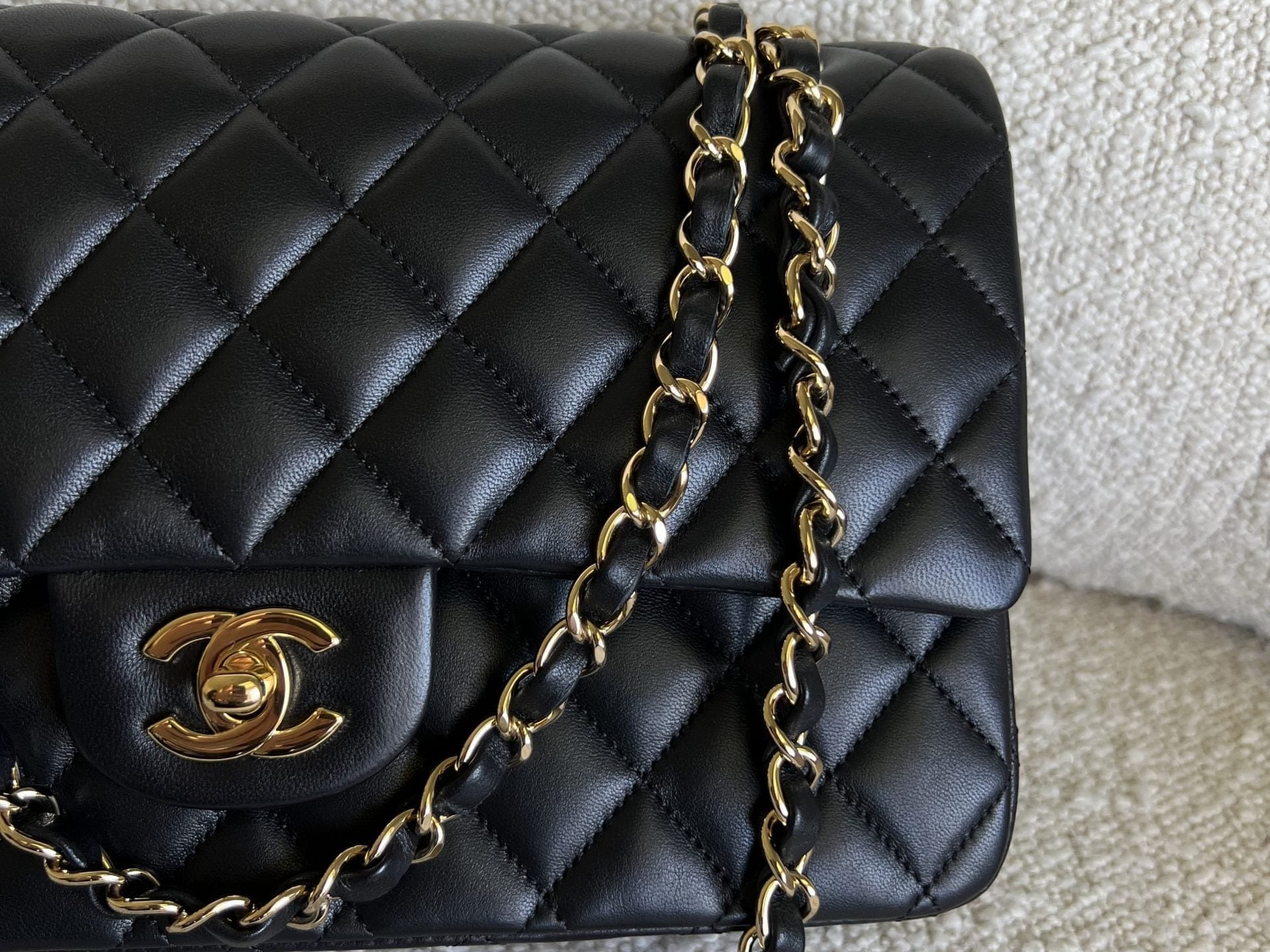 CHANEL Handbag Chanel Black Lambskin Quilted Classic Flap Medium GHW - Redeluxe