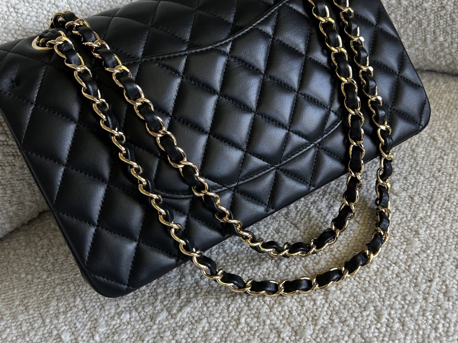 CHANEL Handbag Chanel Black Lambskin Quilted Classic Flap Medium GHW - Redeluxe