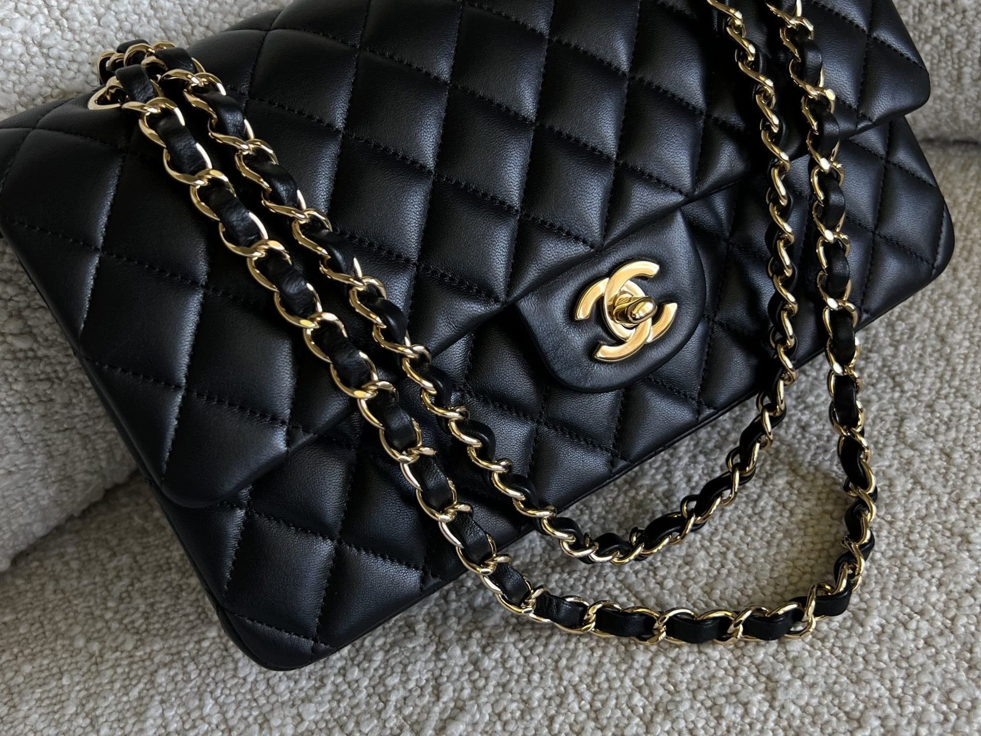 CHANEL Handbag Chanel Black Lambskin Quilted Classic Flap Medium GHW - Redeluxe