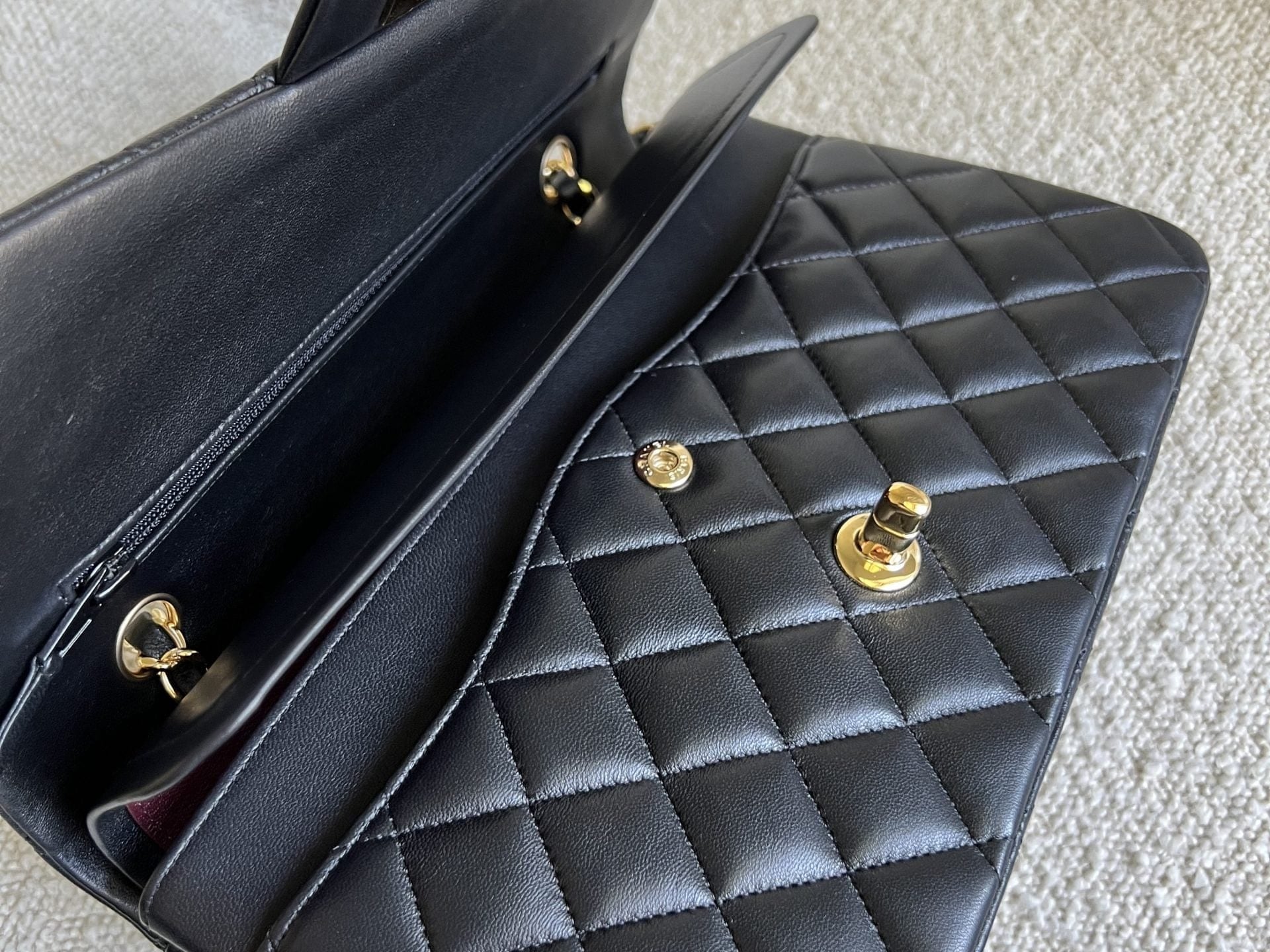 CHANEL Handbag Chanel Black Lambskin Quilted Classic Flap Medium GHW - Redeluxe