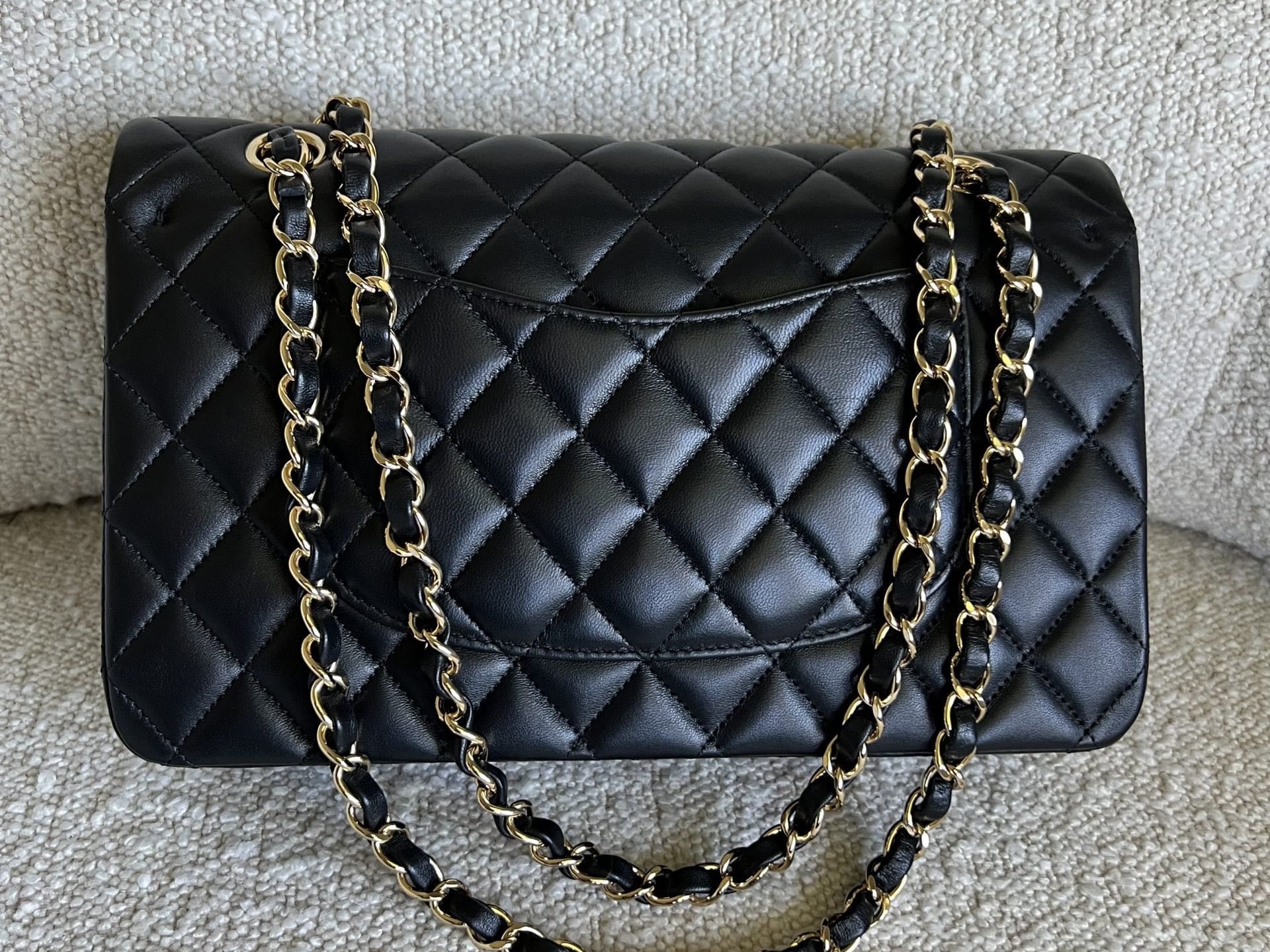 CHANEL Handbag Chanel Black Lambskin Quilted Classic Flap Medium GHW - Redeluxe