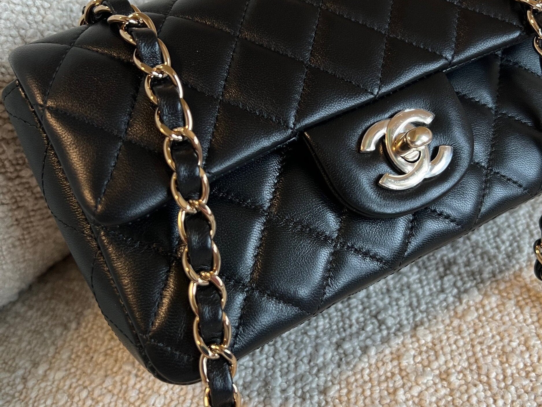CHANEL Handbag Chanel Black Mini Rectangular Lambskin Quilted Flap LGHW - Redeluxe