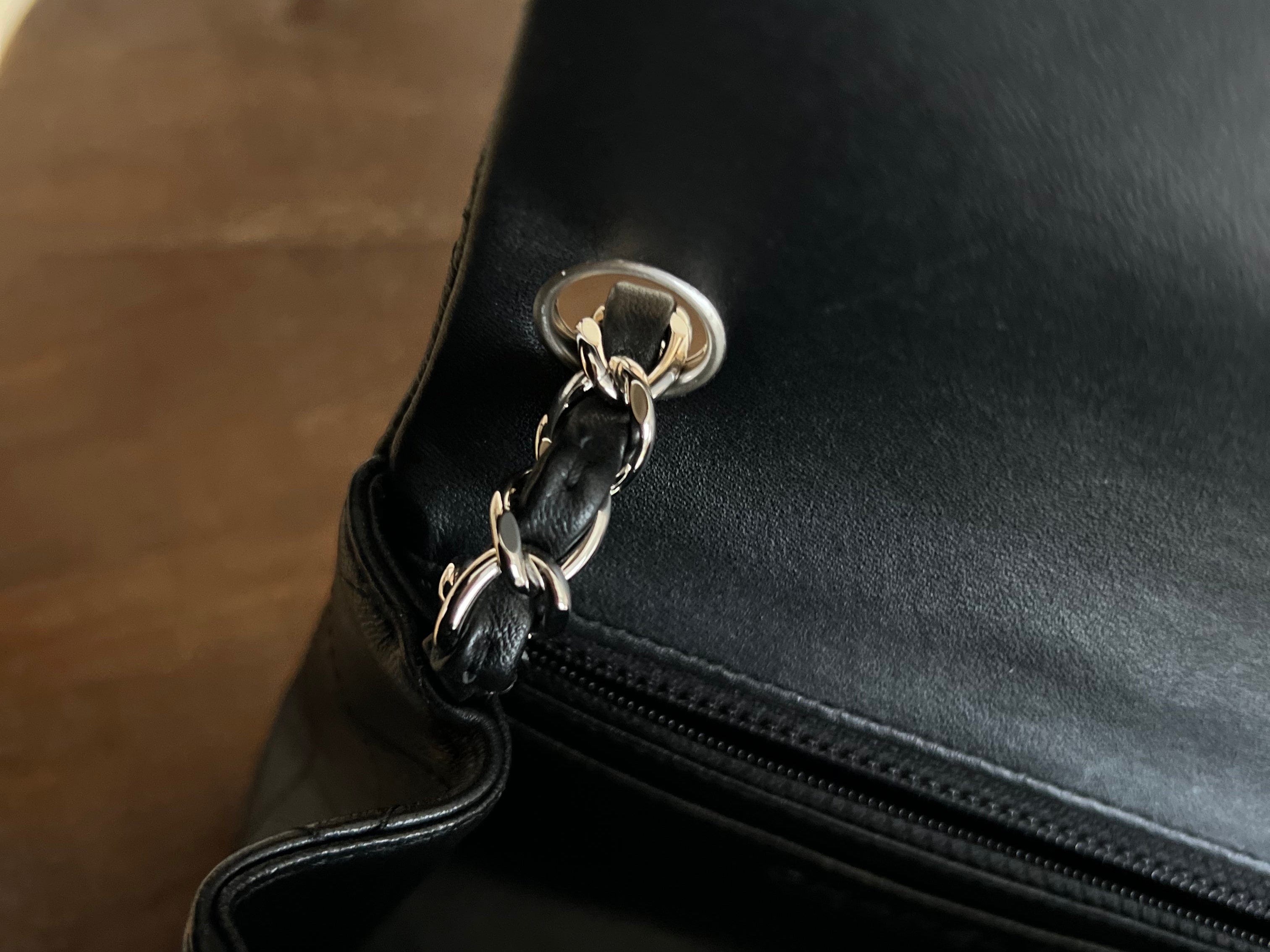 CHANEL Handbag CHANEL BLACK MINI SQUARE LAMBSKIN QUILTED FLAP SILVER HARDWARE - Redeluxe