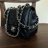 CHANEL Handbag CHANEL BLACK MINI SQUARE LAMBSKIN QUILTED FLAP SILVER HARDWARE - Redeluxe