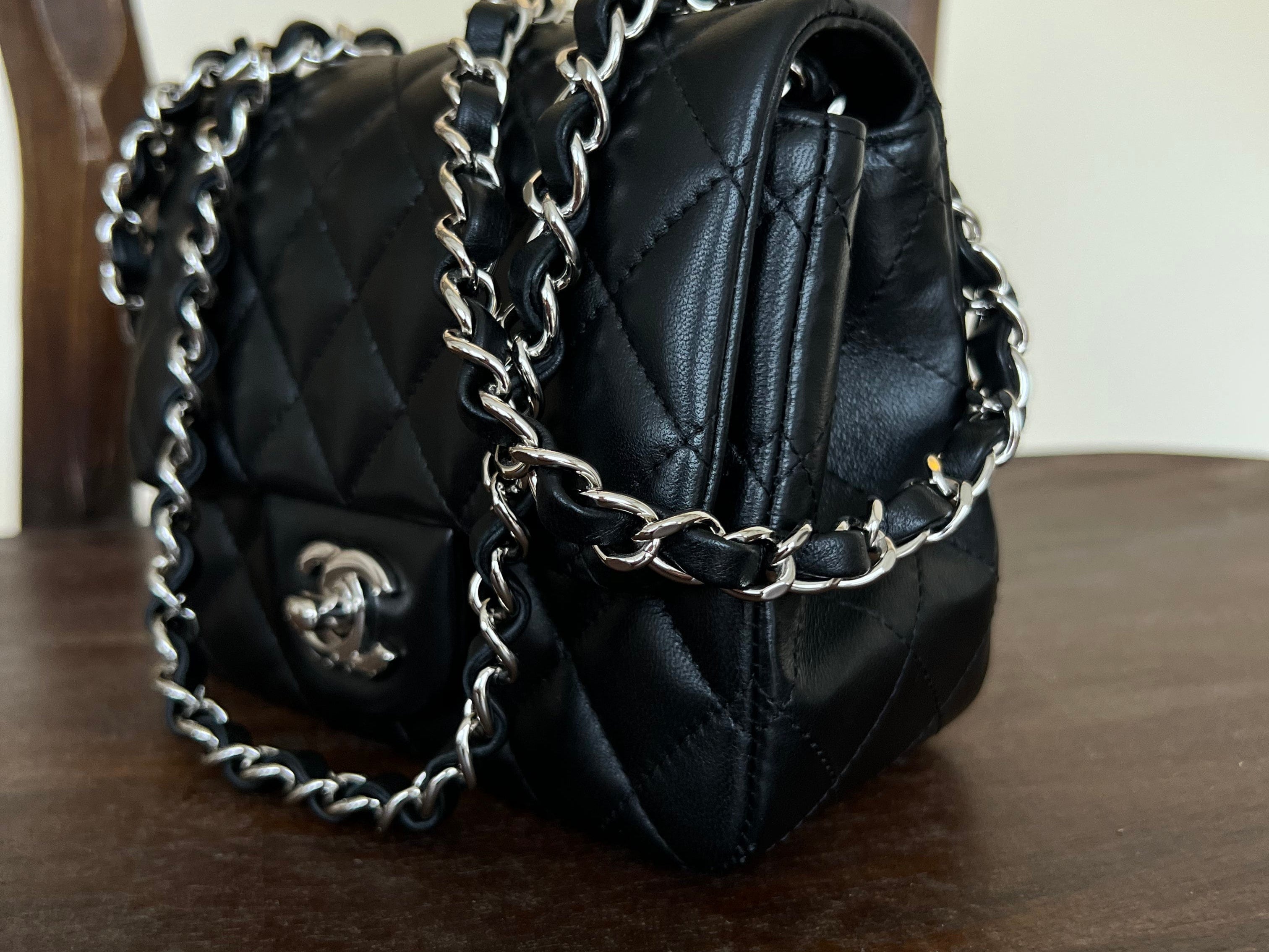 CHANEL Handbag CHANEL BLACK MINI SQUARE LAMBSKIN QUILTED FLAP SILVER HARDWARE - Redeluxe