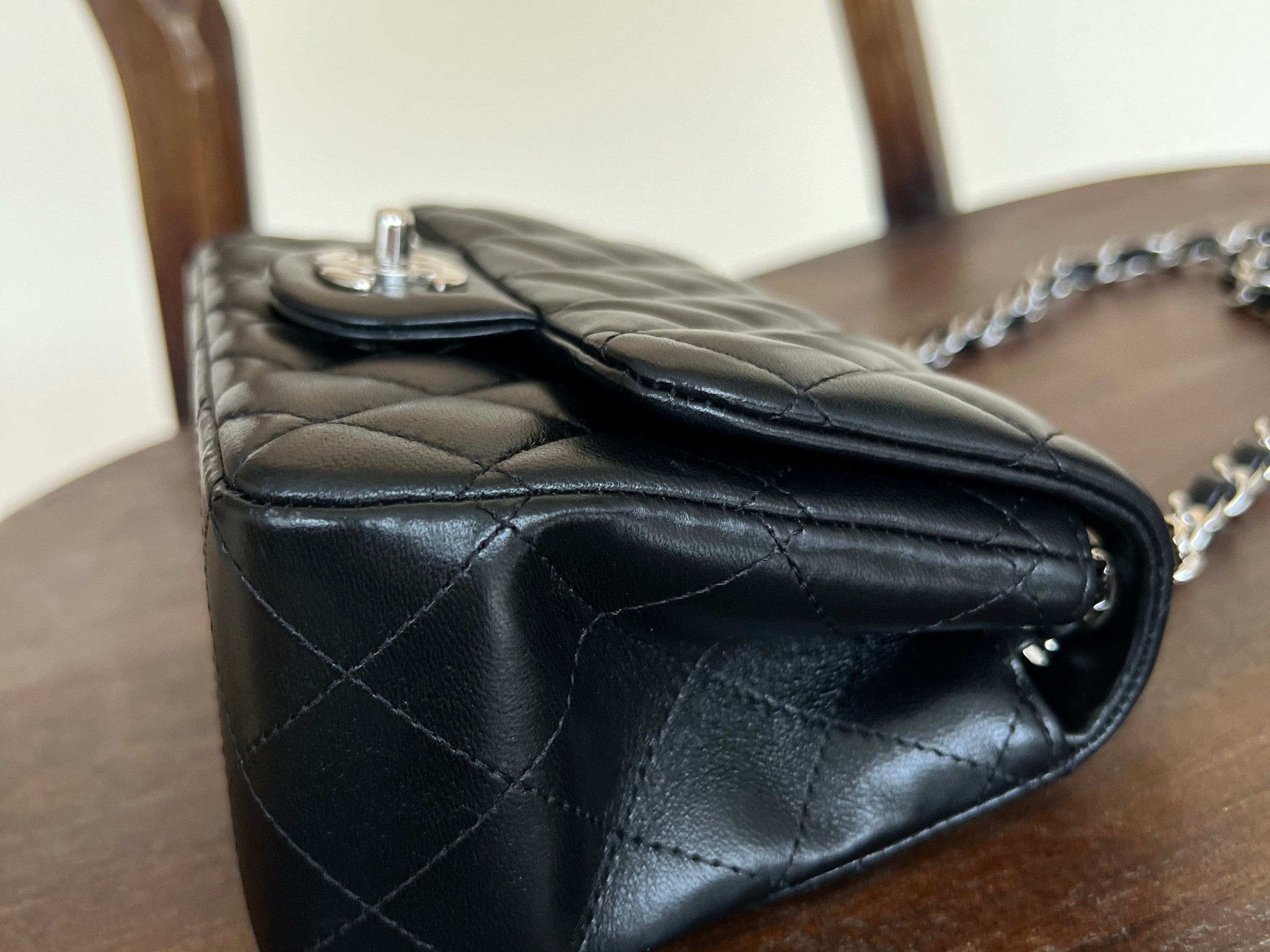 CHANEL Handbag CHANEL BLACK MINI SQUARE LAMBSKIN QUILTED FLAP SILVER HARDWARE - Redeluxe