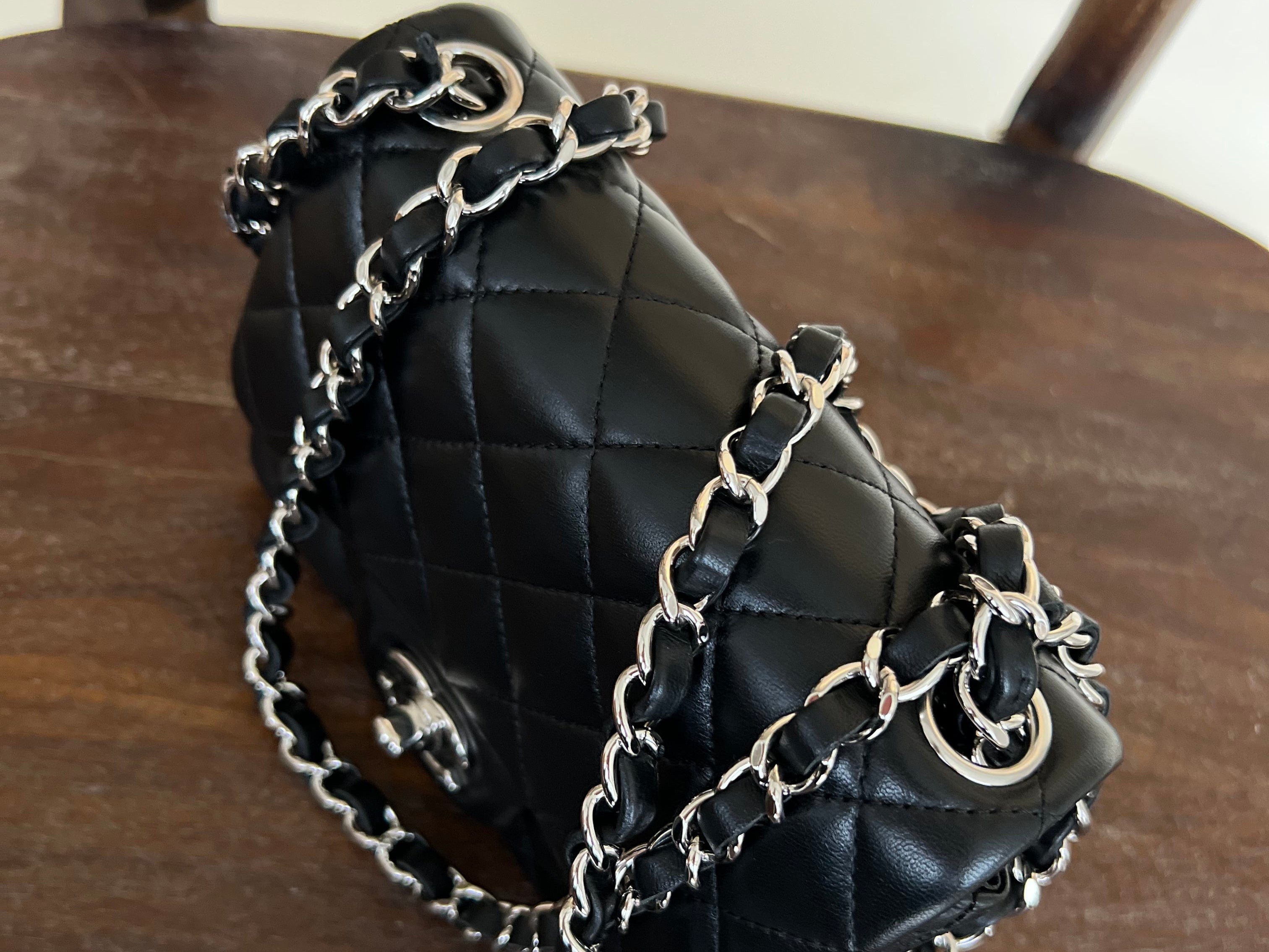 CHANEL Handbag CHANEL BLACK MINI SQUARE LAMBSKIN QUILTED FLAP SILVER HARDWARE - Redeluxe